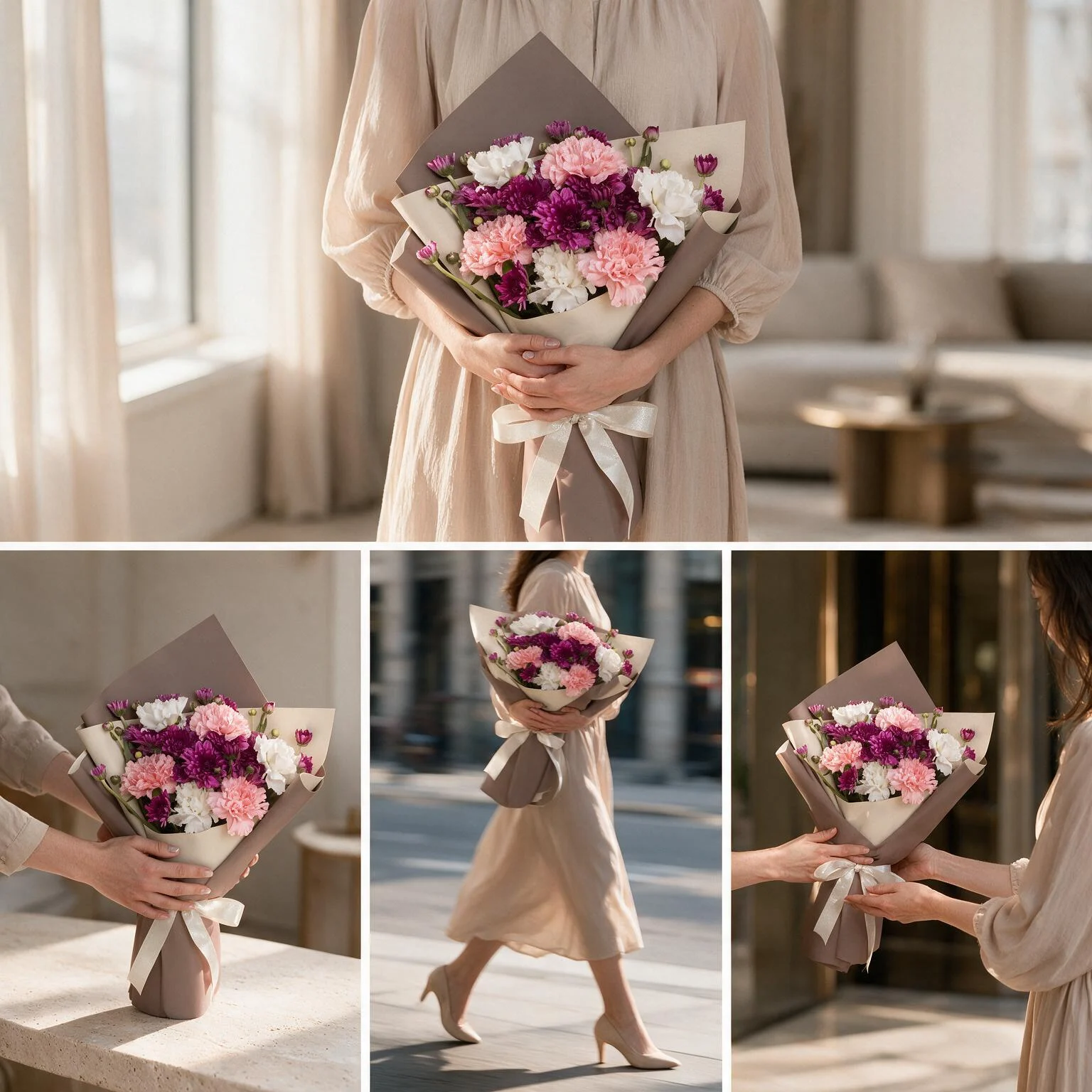 Purple chrysanthemum and carnation bouquet with pink and white carnations