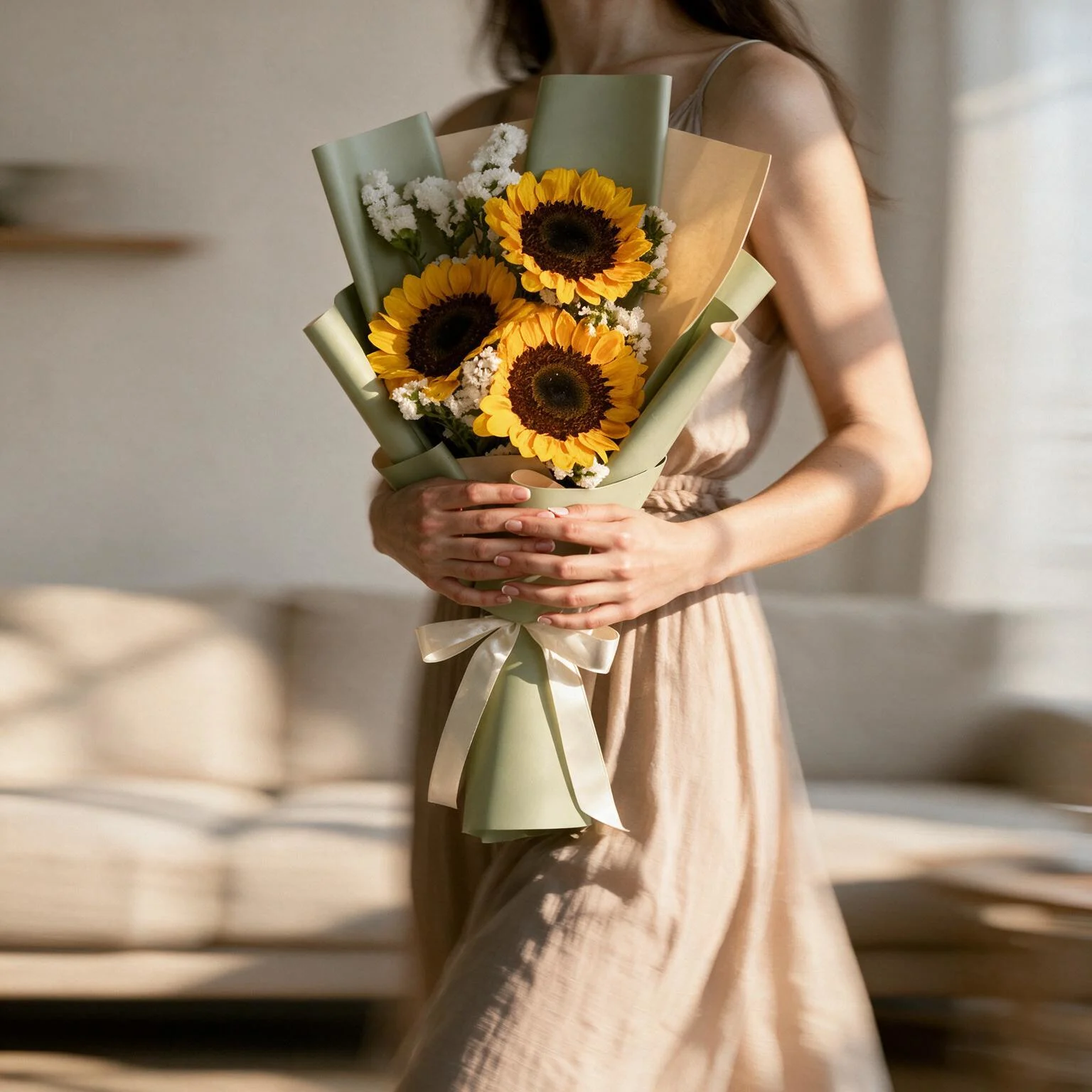 3 Sunflower Bouquet with white statice and green wrapping