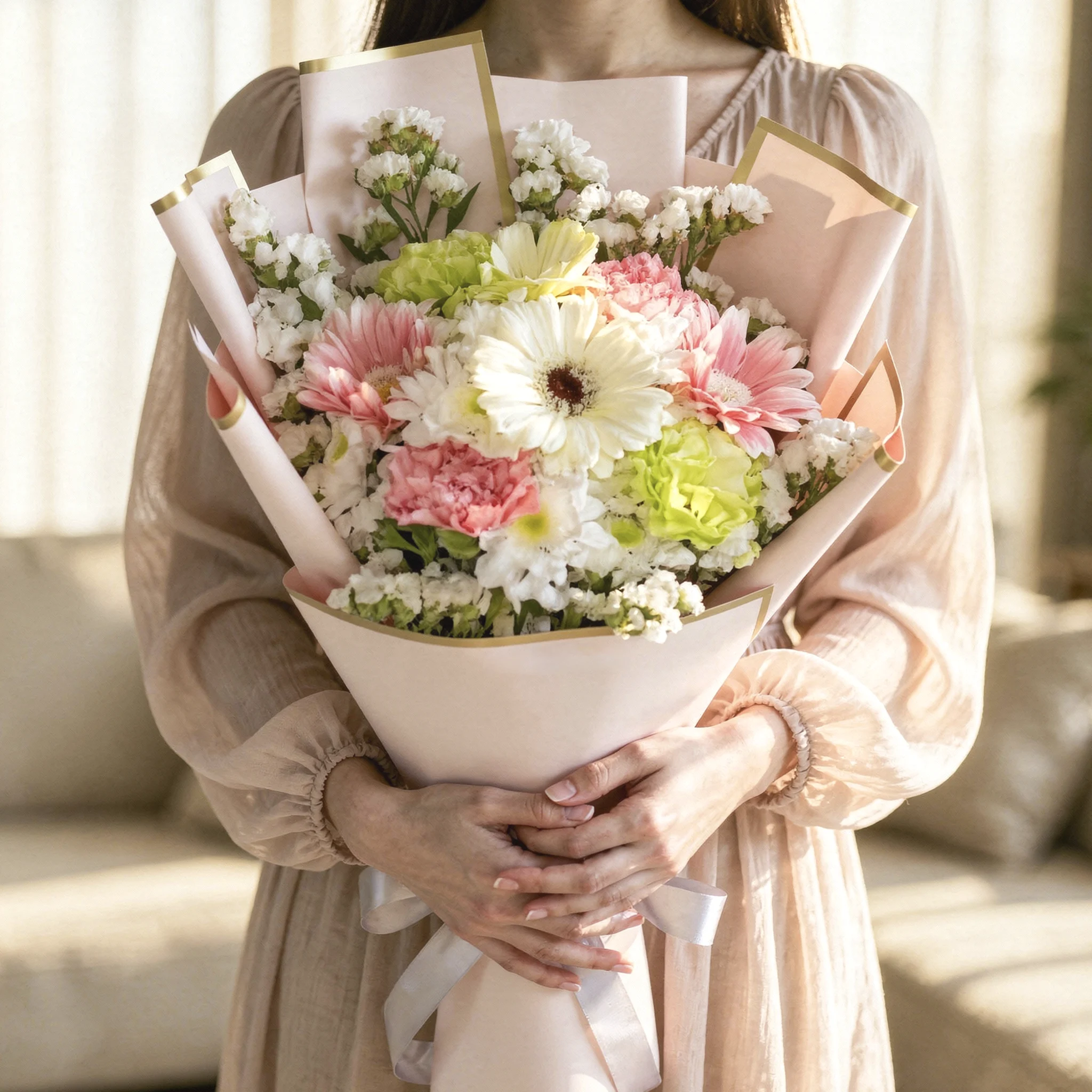 Pastel bouquet with pink and white gerberas, carnations, chrysanthemums and white statice