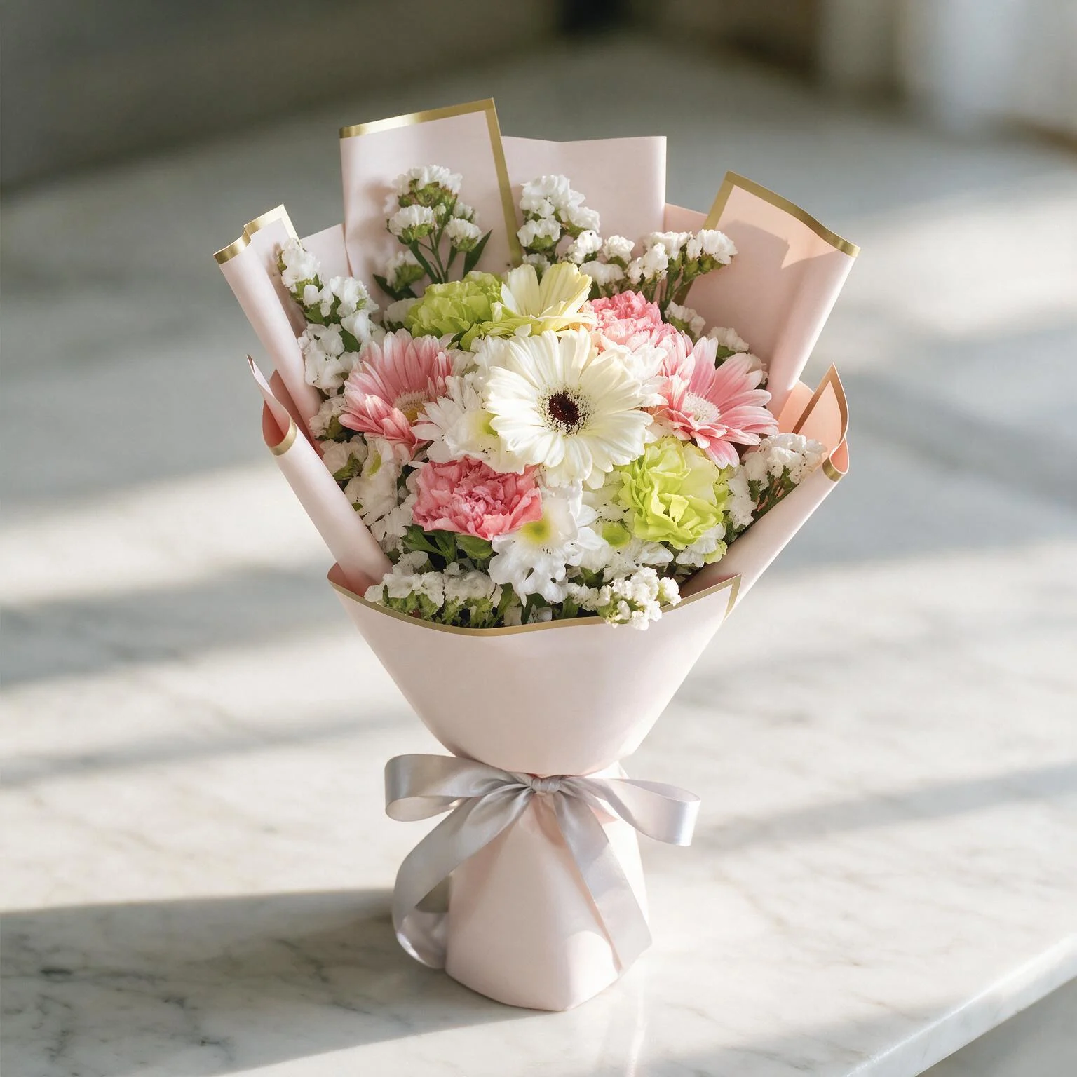 Pastel bouquet with pink and white gerberas, carnations, chrysanthemums and white statice Pastel bouquet with pink and white gerberas, carnations, chrysanthemums and white statice