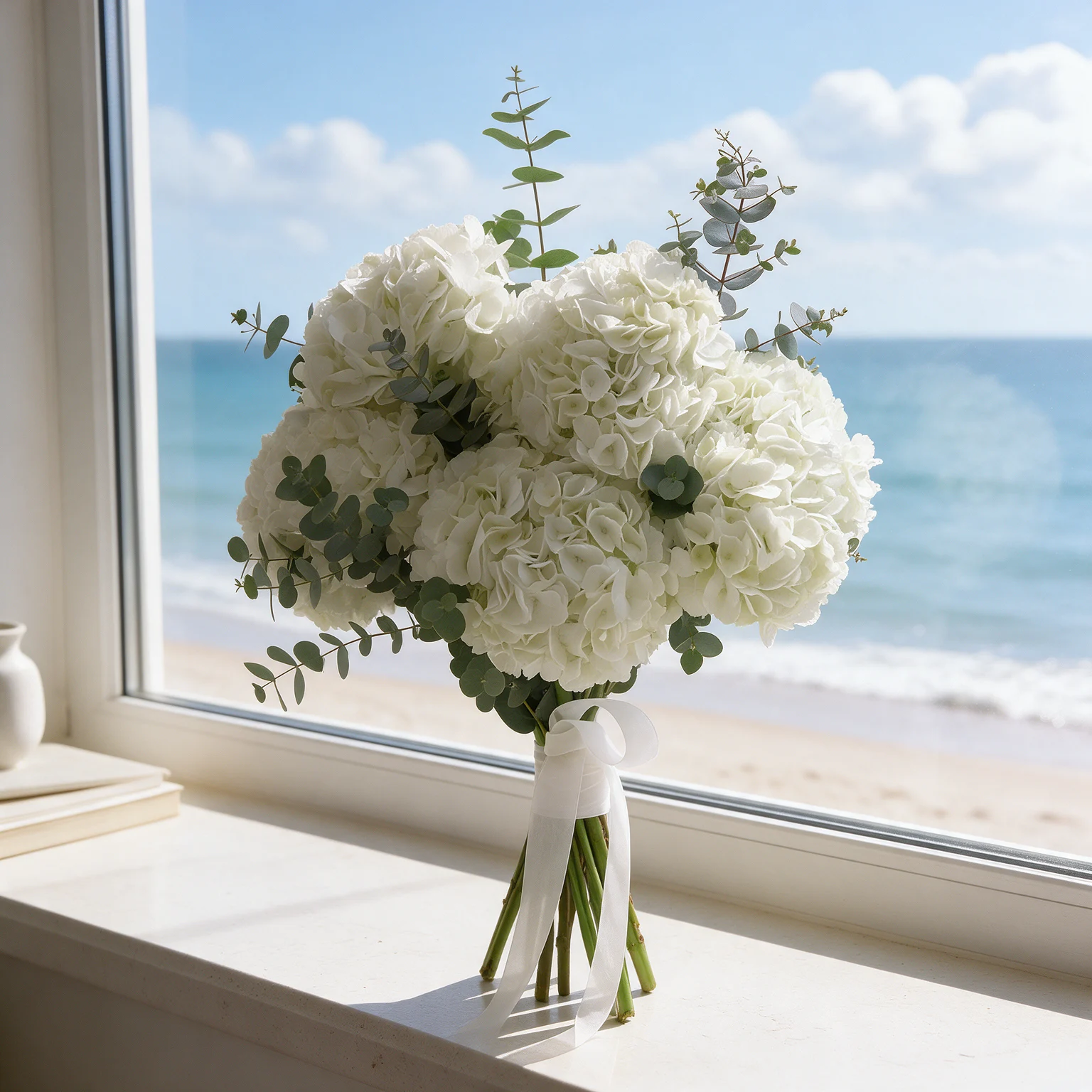 Alabaster Grace bouquet of white hydrangeas with fresh eucalyptus foliage and an elegant white ribbon.