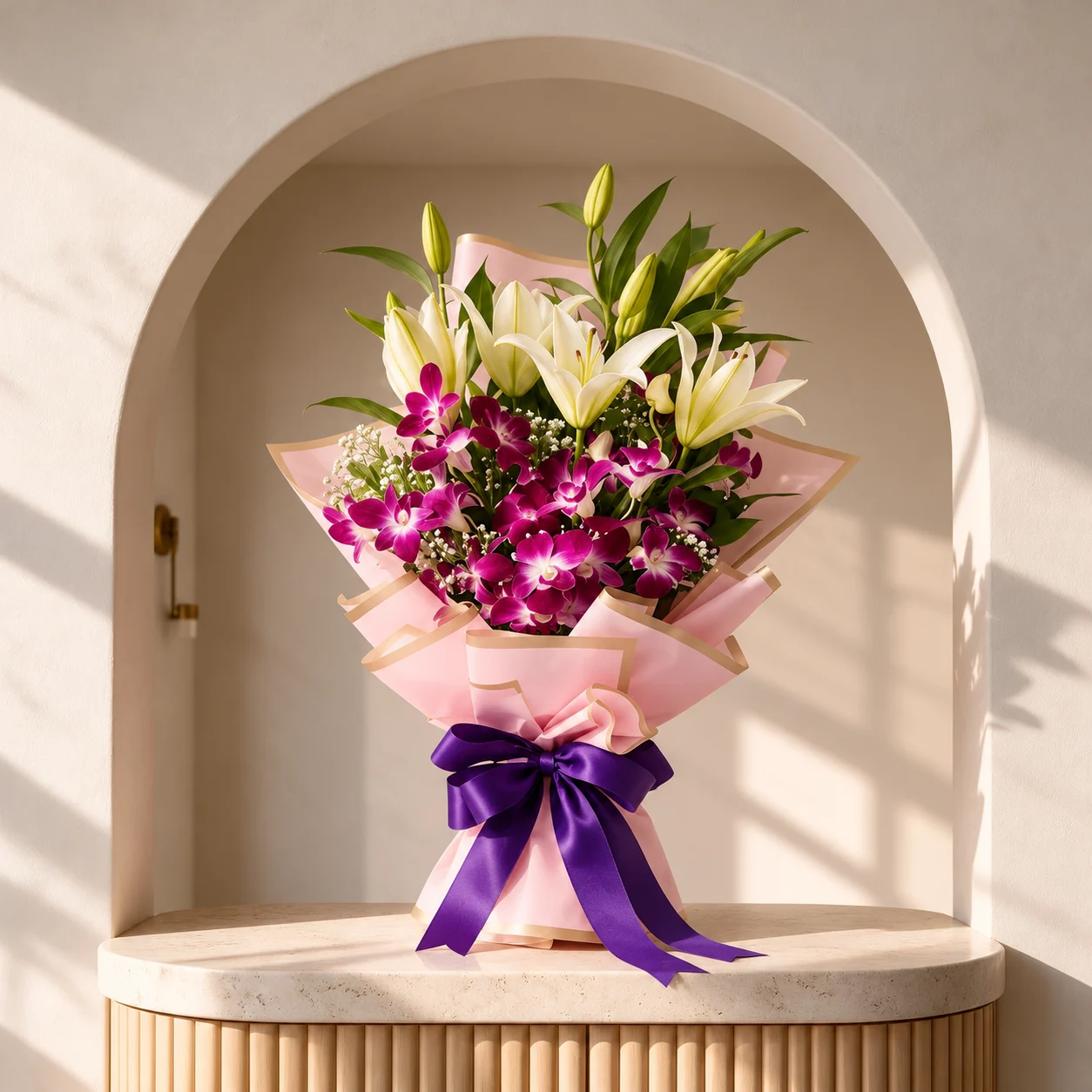 Purple orchids and white lilies with green foliage, wrapped in pink paper and finished with a deep purple satin bow.