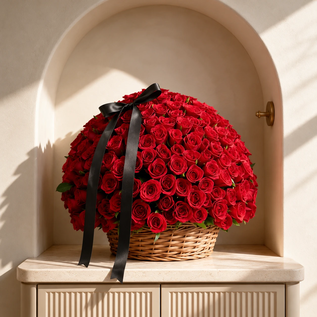 Luxury basket arrangement of 150 fresh red roses finished with an elegant black bow, creating a striking floral gift.