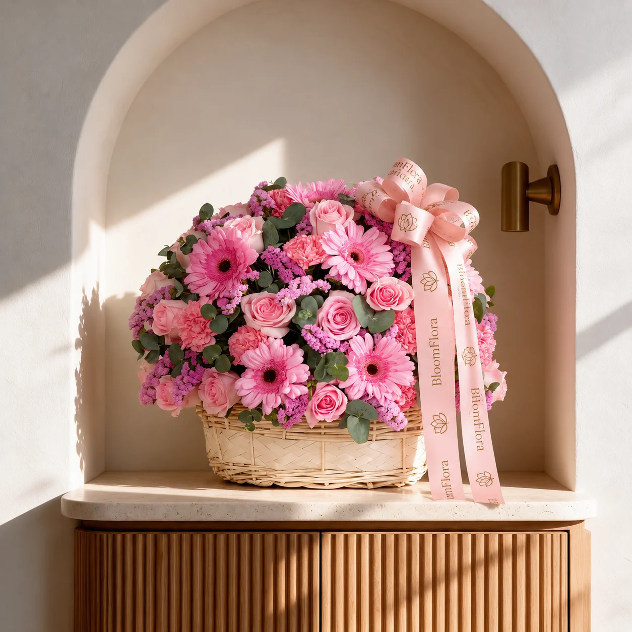 Pink flower basket featuring 12 pink gerberas, 30 pink roses and 15 pink carnations, complemented by decorative green and pink foliage.