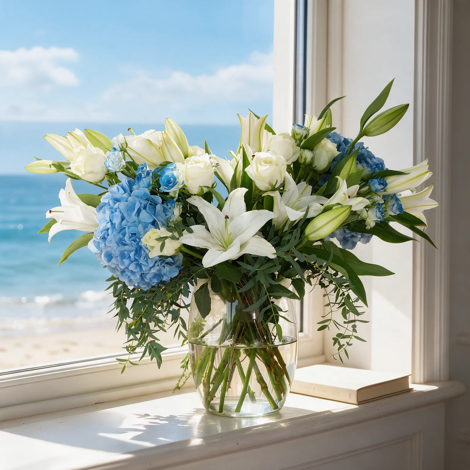 Blue hydrangeas, white lilies and white roses with lush green foliage arranged in a clear glass vase.