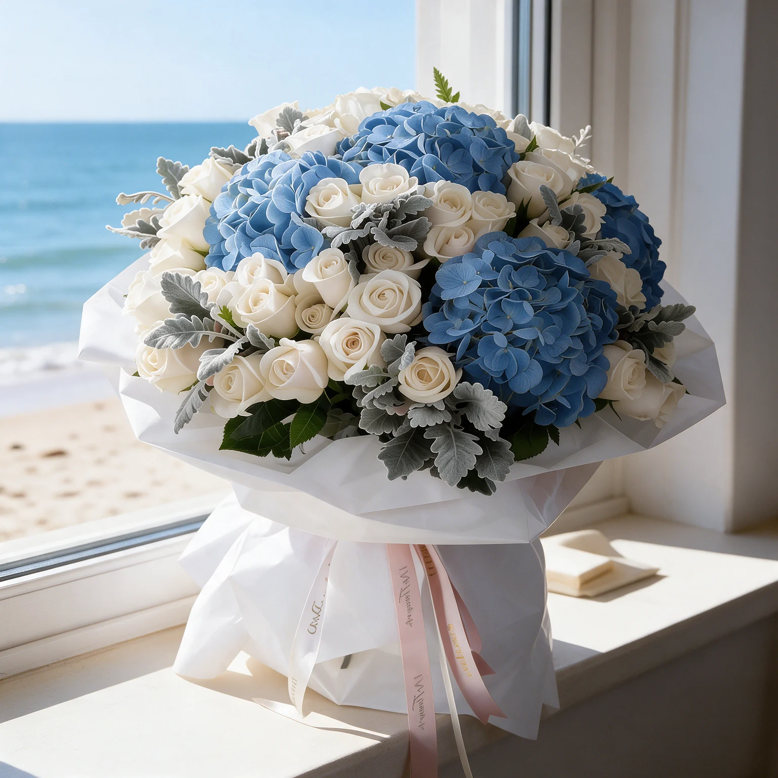 Blue hydrangeas and ivory white roses arranged with silvery foliage in elegant white wrapping with decorative ribbons.