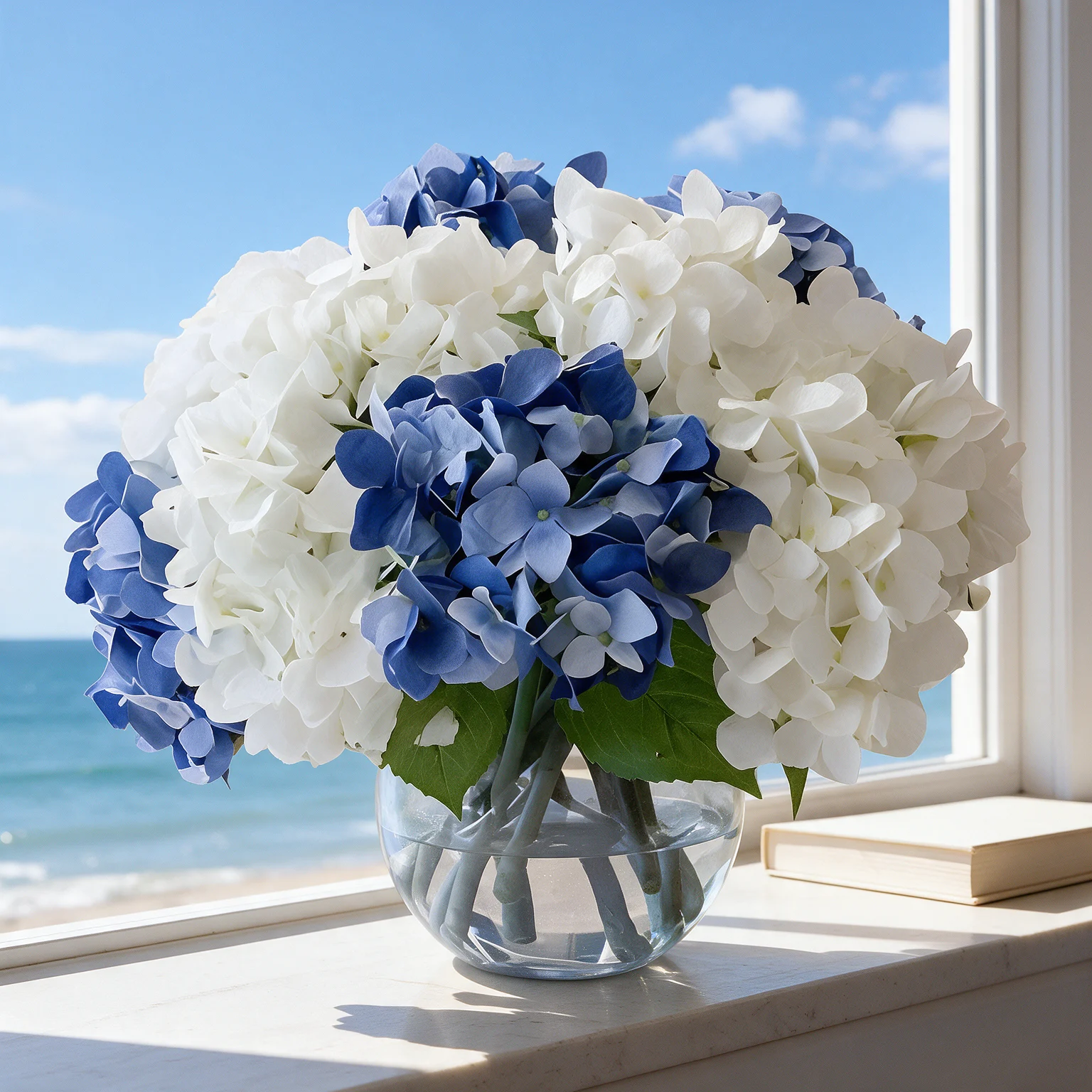 Blue and white hydrangeas arranged in a clear glass vase with lush green leaves.