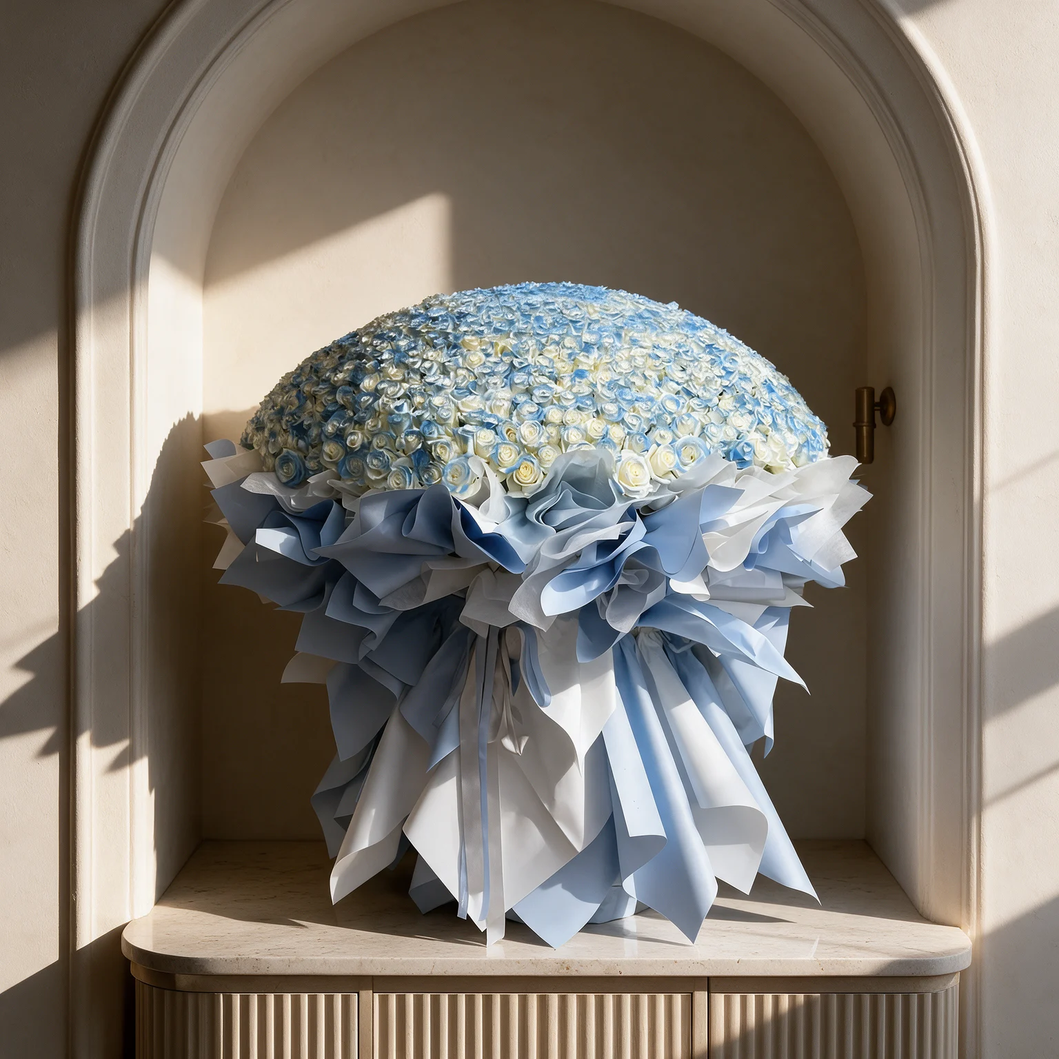 Luxury bouquet of 500 blue roses wrapped in elegant white and blue paper and finished with matching ribbons, available for same-day flower delivery in Malaysia.
