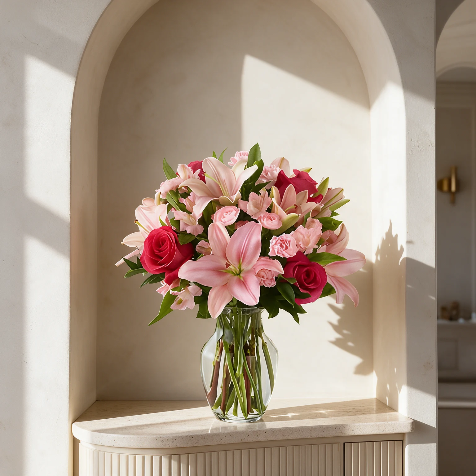 Pink lilies, pink roses and pink carnations arranged with lush green foliage in a clear glass vase.