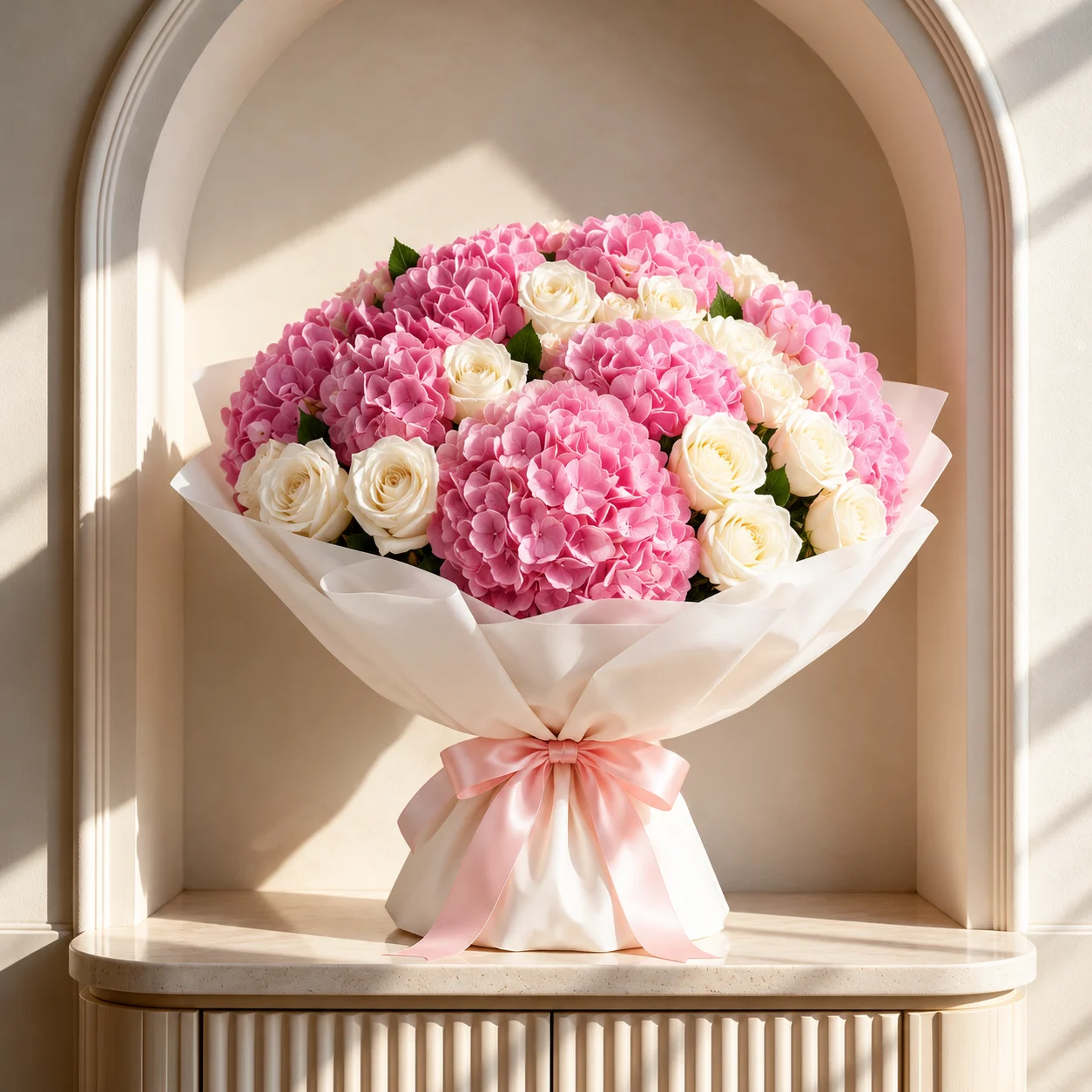 Bouquet of pink hydrangeas and white roses wrapped in white paper and finished with a pink satin bow.