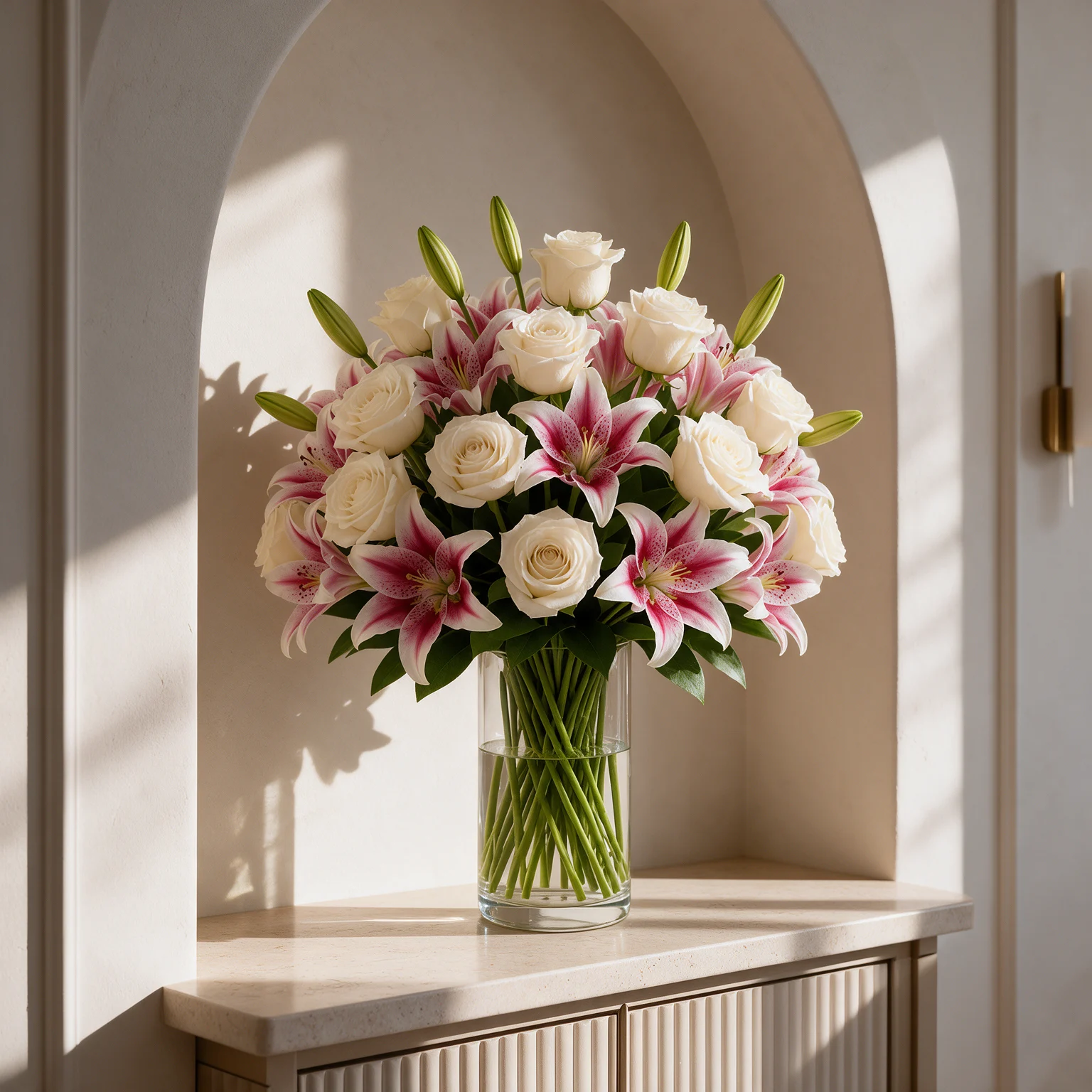 Pink lilies and ivory white roses with green foliage arranged in a clear glass vase.