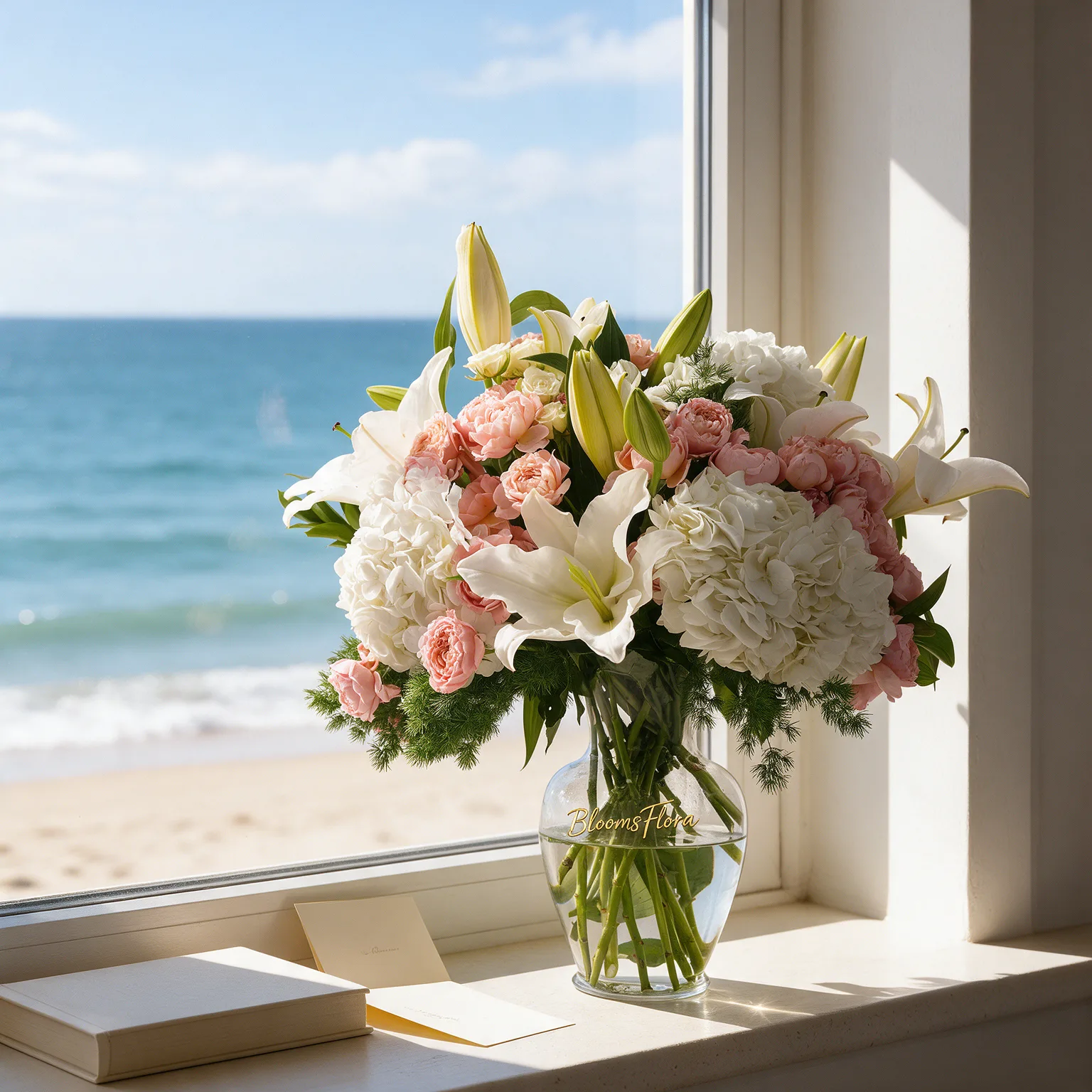 White hydrangeas and lilies with pink Juliette roses arranged in a glass vase.