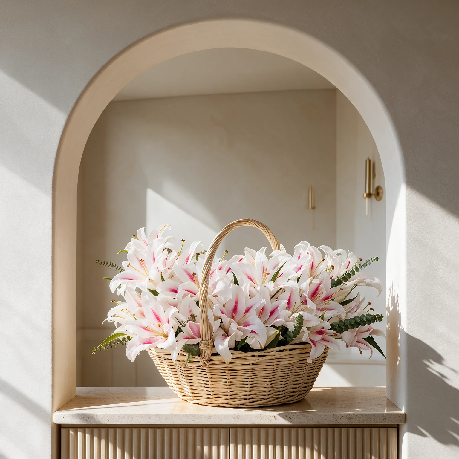 Elegant basket arrangement featuring 30 fresh pink lilies with beautiful pink petals and lush green foliage.