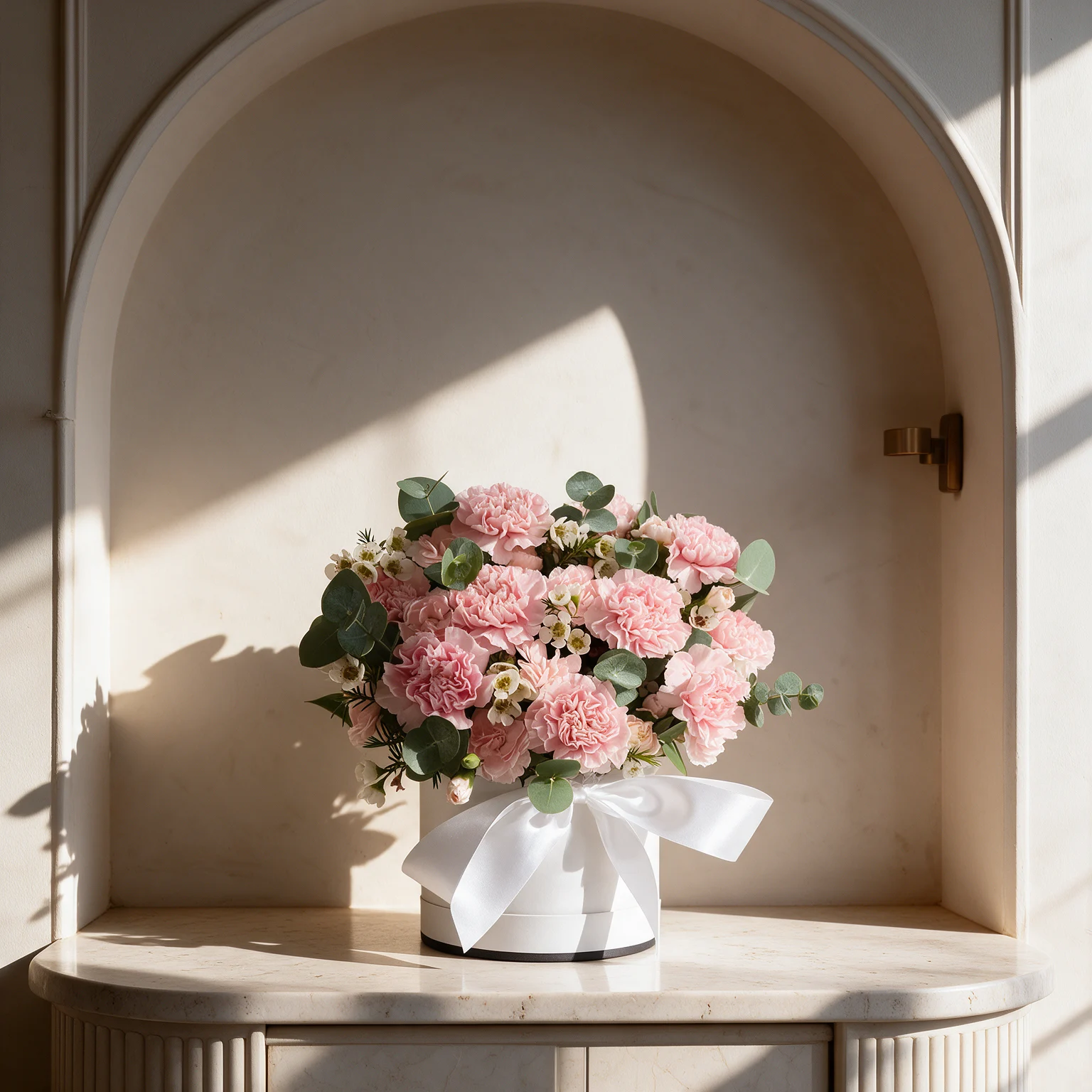 Blush pink carnations with delicate white filler flowers and eucalyptus foliage in a white round hatbox with a satin bow.