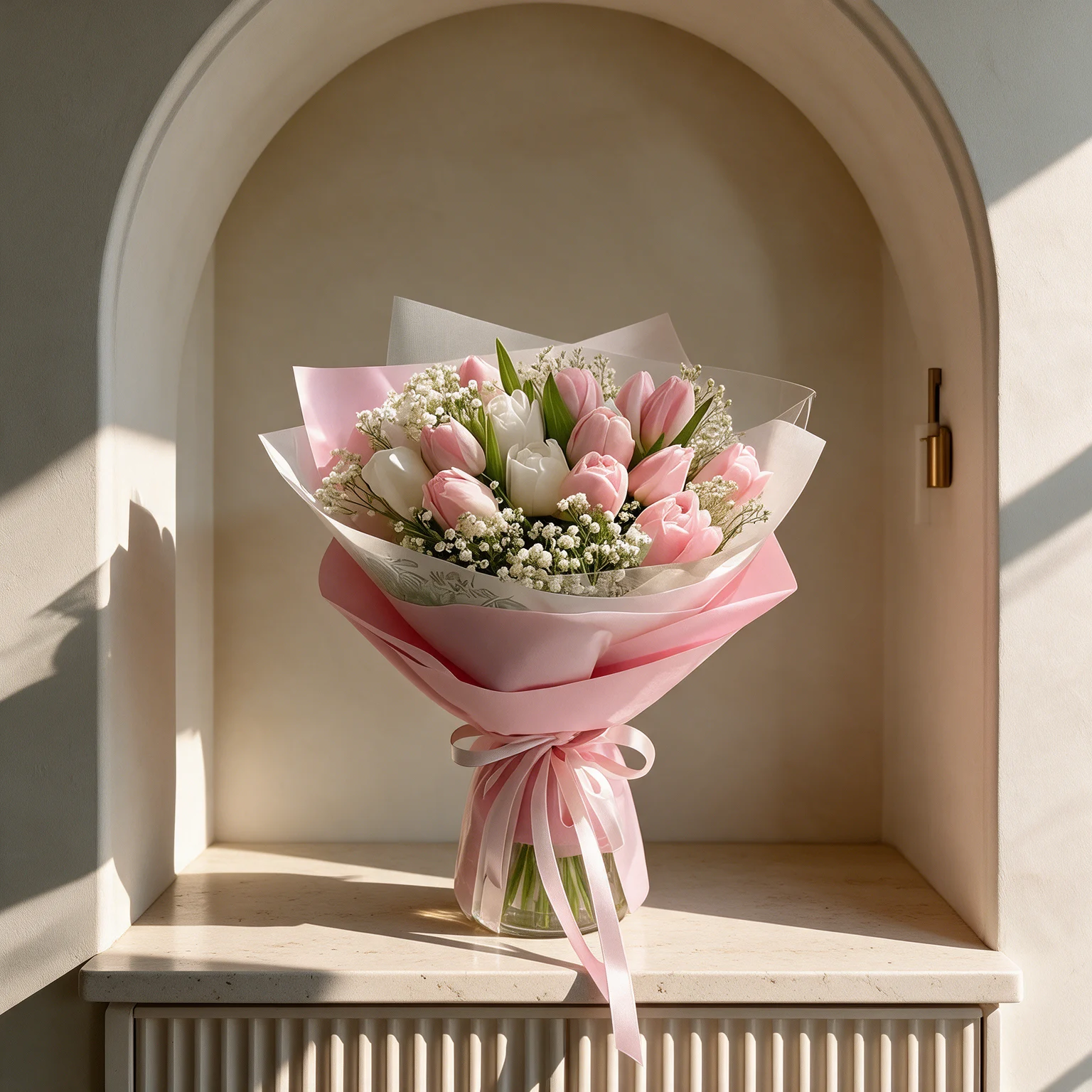 Bouquet of 10 white and 10 pink tulips elegantly wrapped in white and pink paper, available for flower delivery in Malaysia.