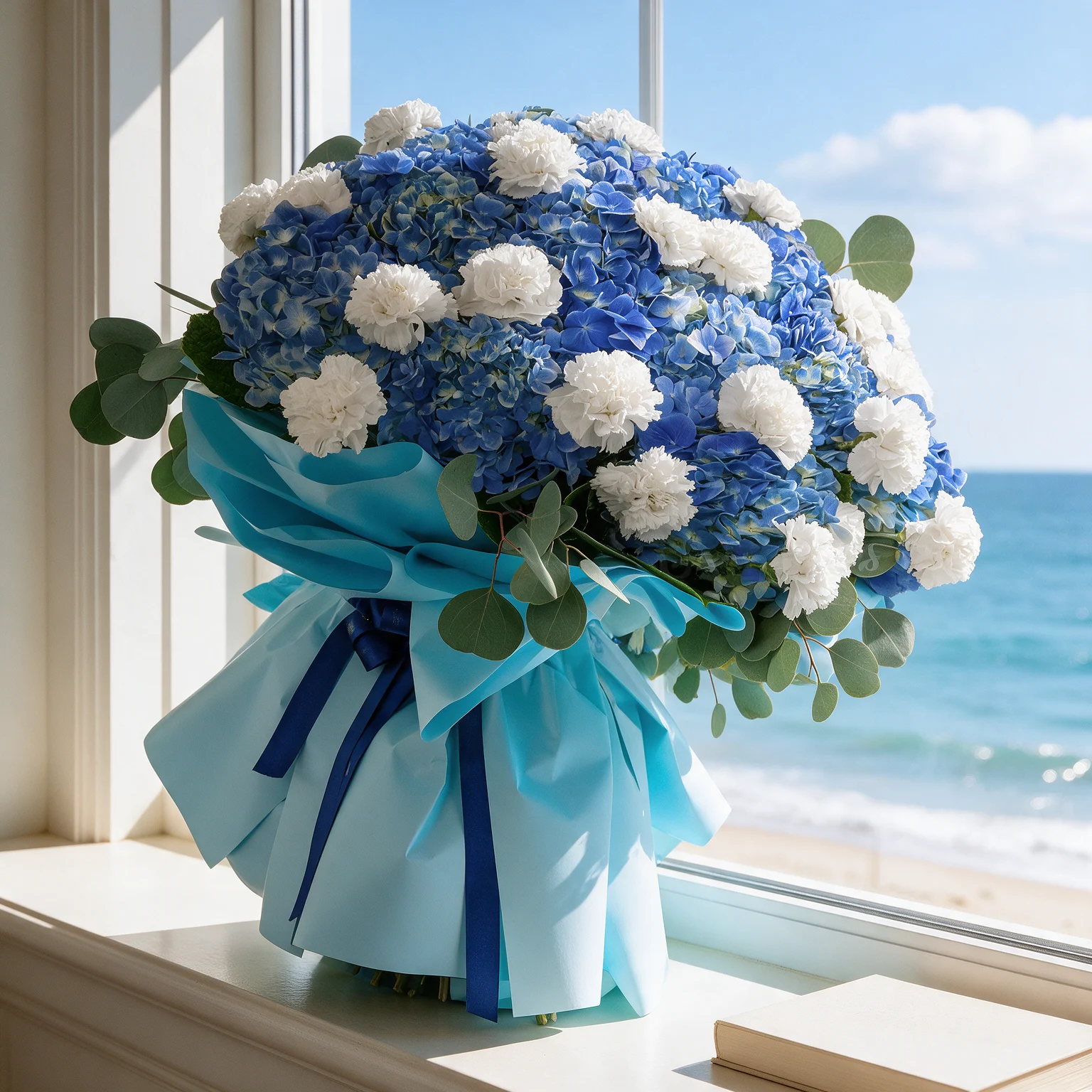 Blue hydrangeas and white carnations with eucalyptus foliage, wrapped in turquoise paper and navy blue ribbons.