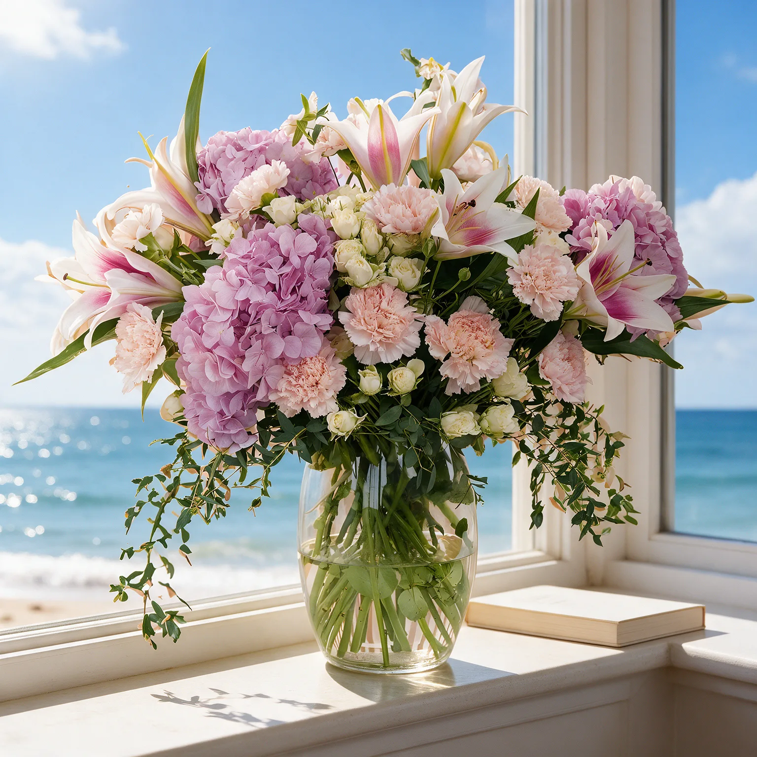Pink hydrangeas, white lilies with pink centres, blush carnations and spray roses arranged with fresh greenery in a clear glass vase.