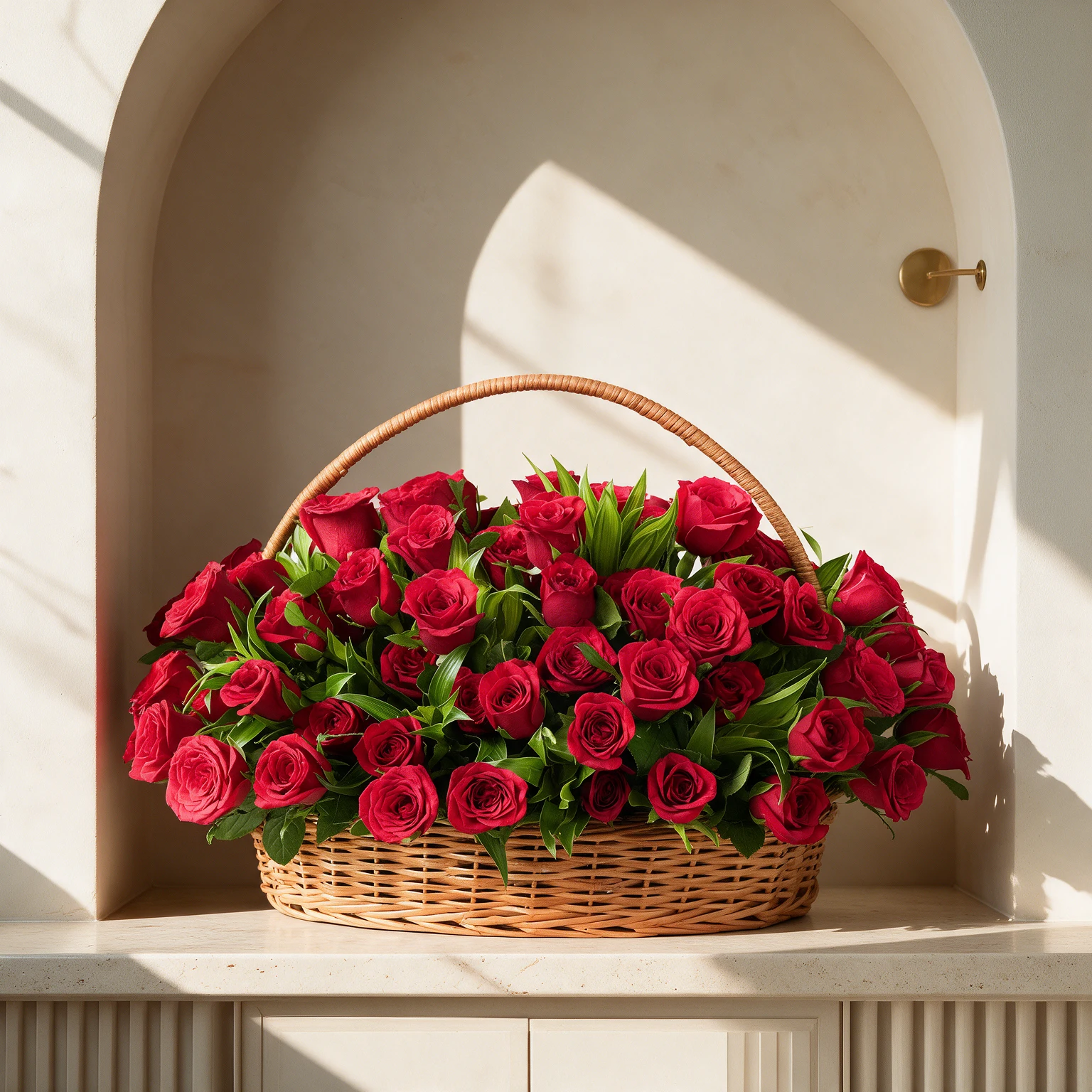 Basket arrangement of 80 fresh red roses complemented by lush green foliage for an elegant floral presentation.