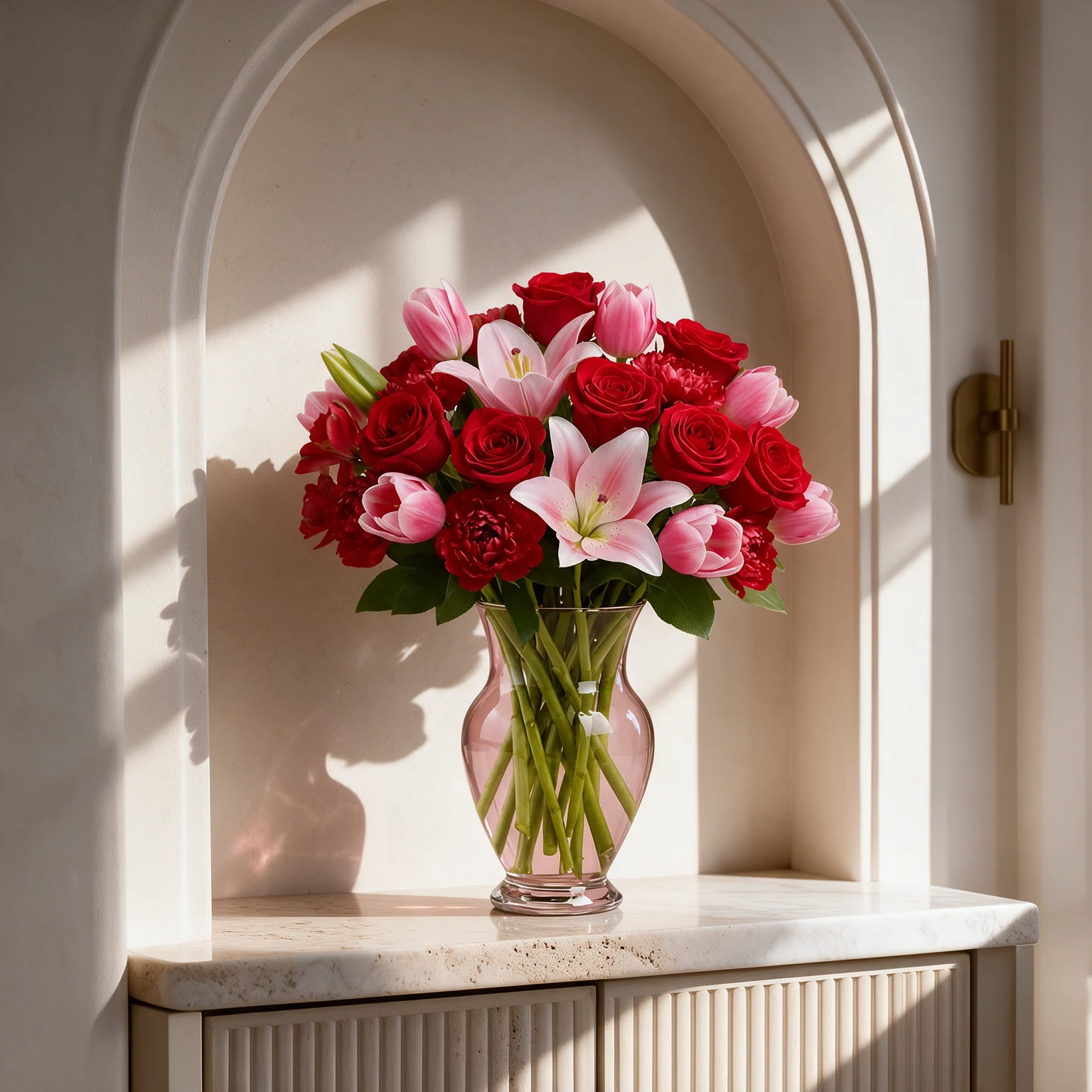 Pink lilies and tulips with red roses and red carnations, complemented by green foliage in a pink-tinted glass vase.