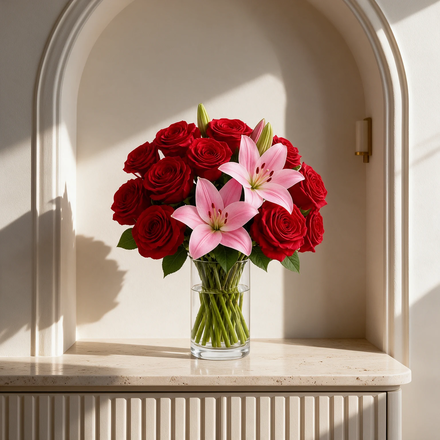 Deep red roses and pink lilies with fresh green foliage arranged in a clear glass vase.
