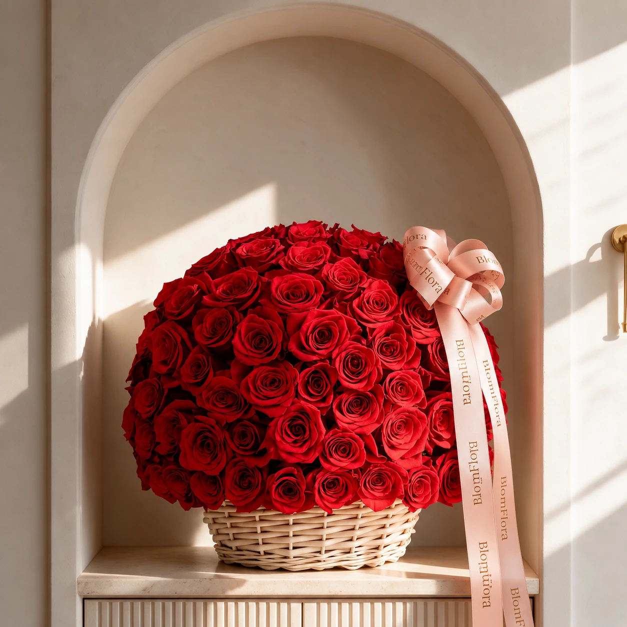 Luxury basket arrangement of 100 fresh red roses finished with an elegant decorative bow.