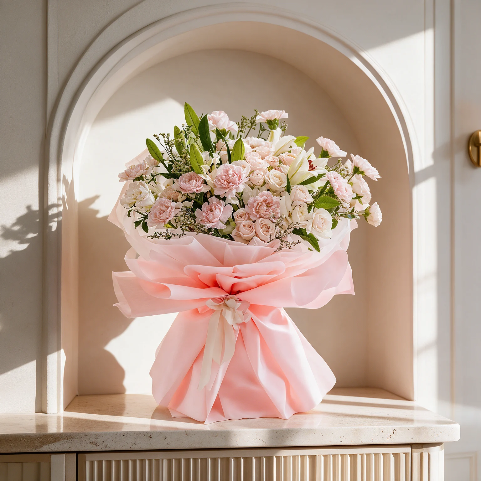 Blush pink roses, pink carnations and white lilies with fresh green foliage and delicate filler flowers, wrapped in layered pink paper with a ribbon.