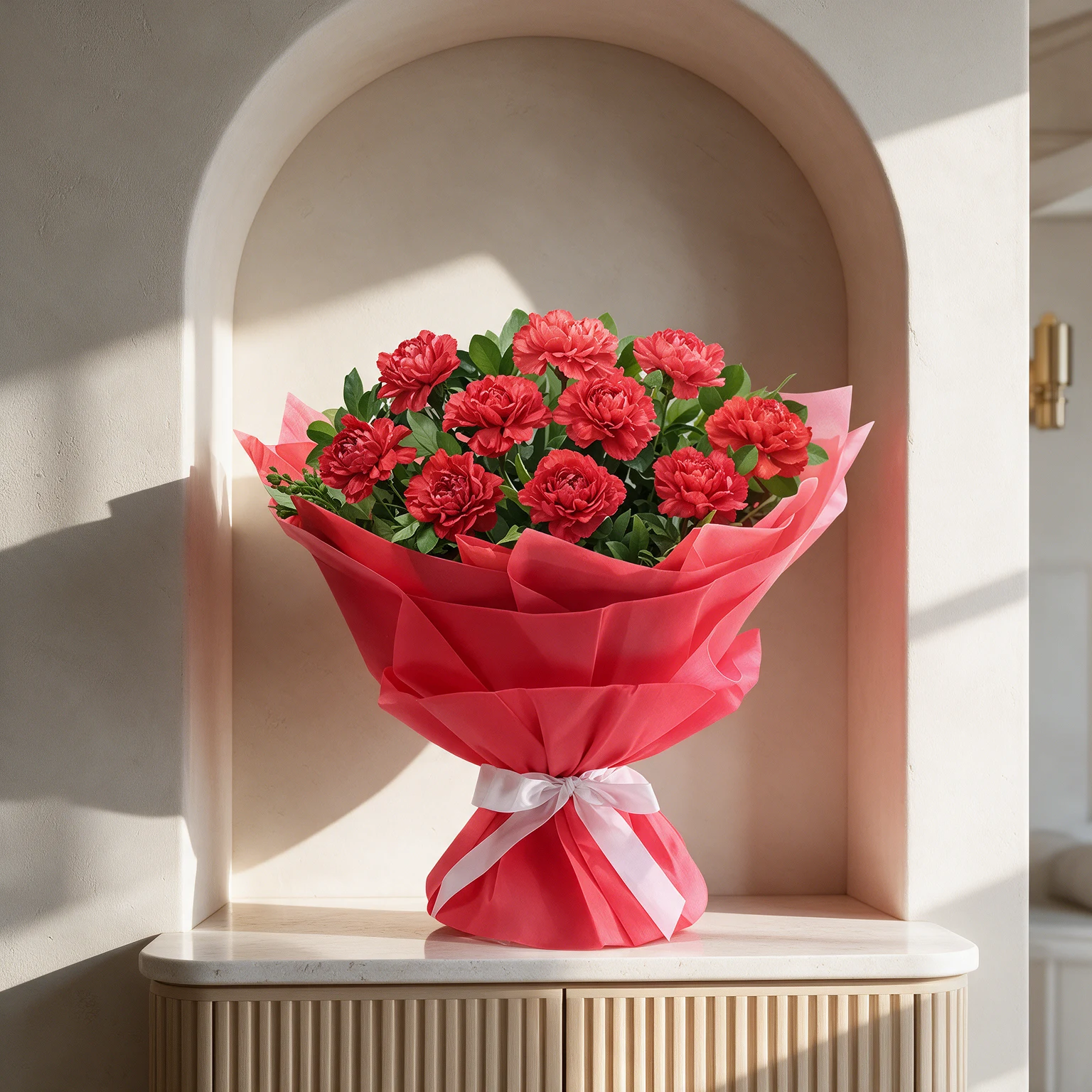 Vibrant red carnations with lush green foliage, wrapped in layered red paper and finished with a white satin bow.
