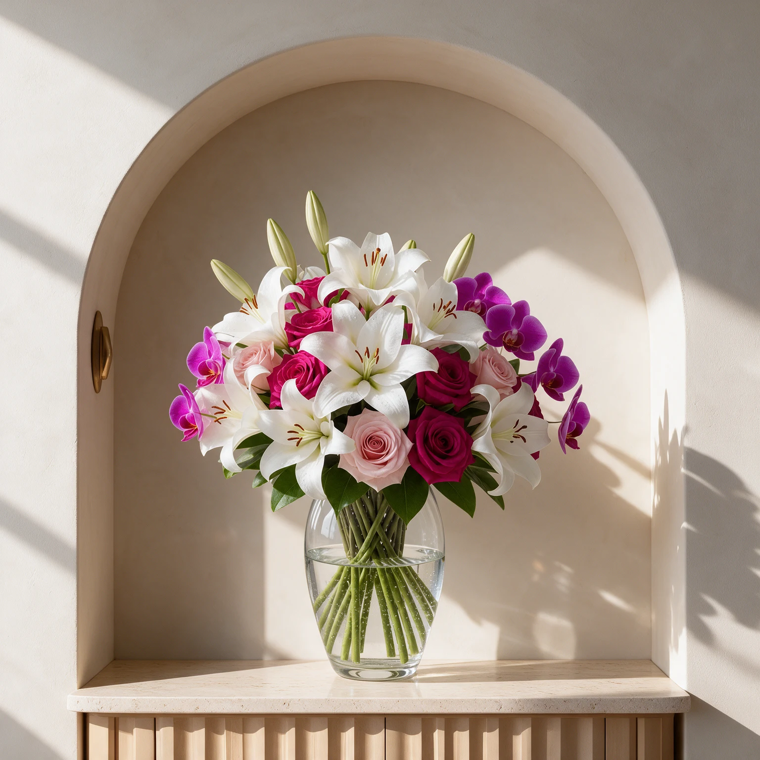 White lilies, pink and red roses, and a purple Phalaenopsis orchid arranged with green foliage in a clear glass vase.