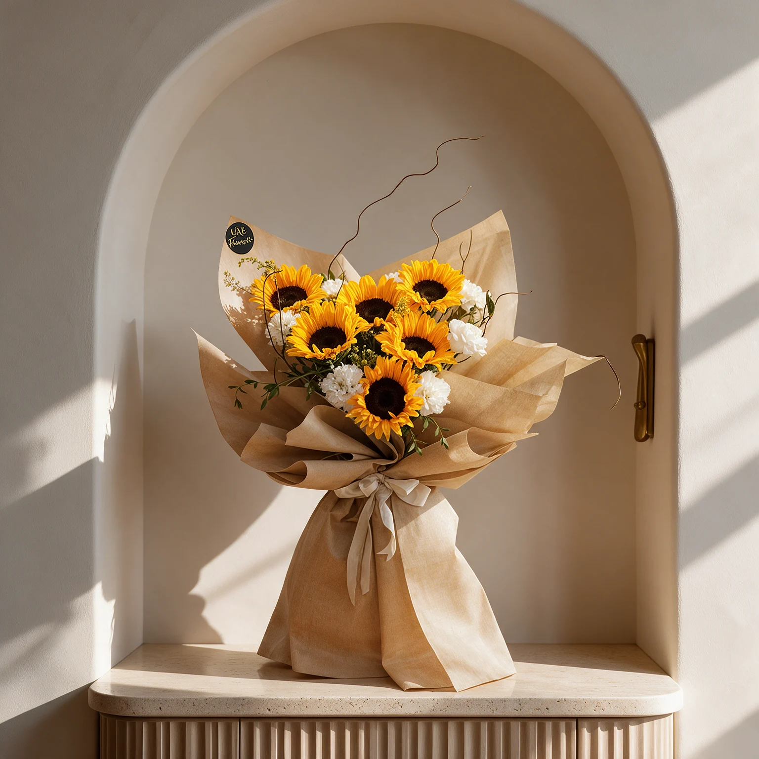 Yellow sunflowers with delicate white filler flowers and green foliage, wrapped in rustic kraft paper and finished with an ivory bow.