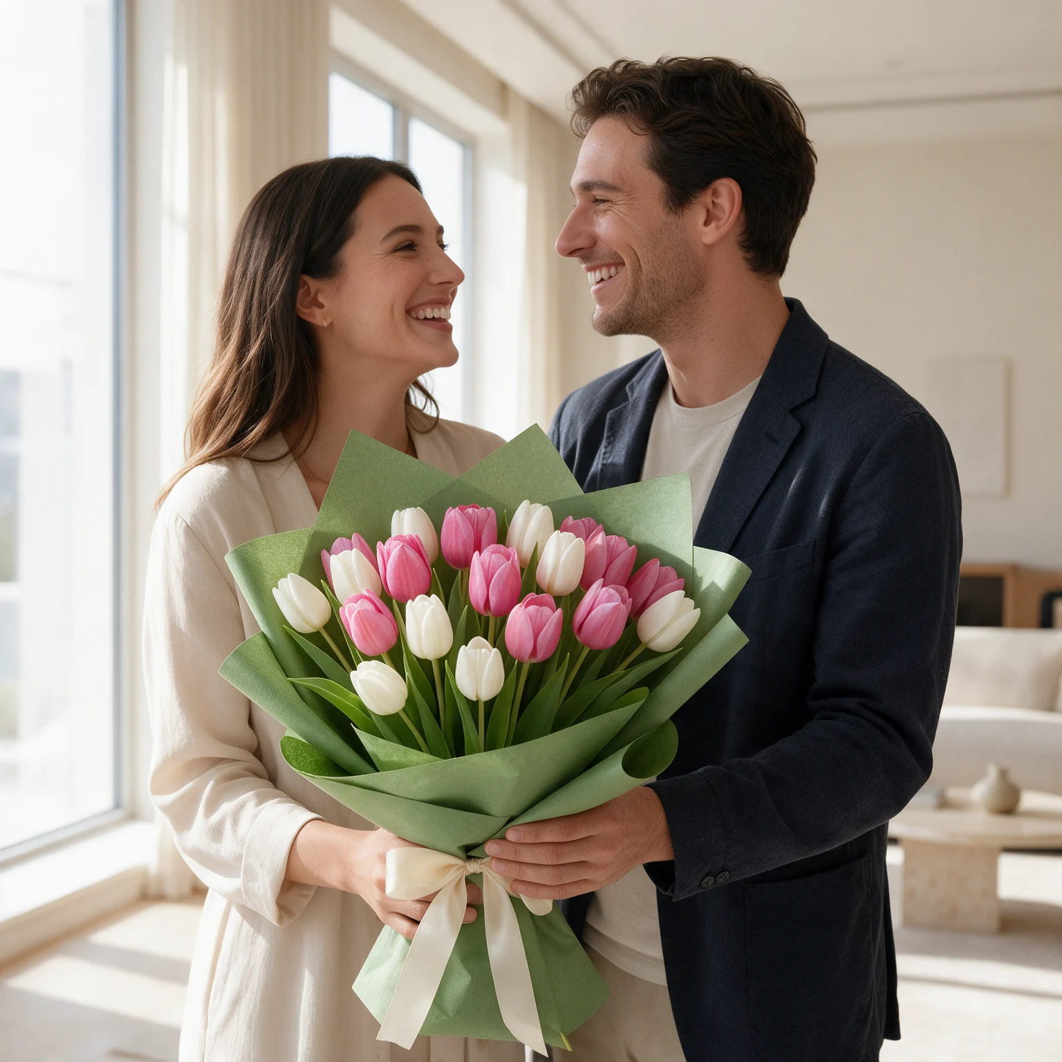 Bouquet of 10 white and 10 pink tulips elegantly wrapped in green paper, available for flower delivery in Malaysia.