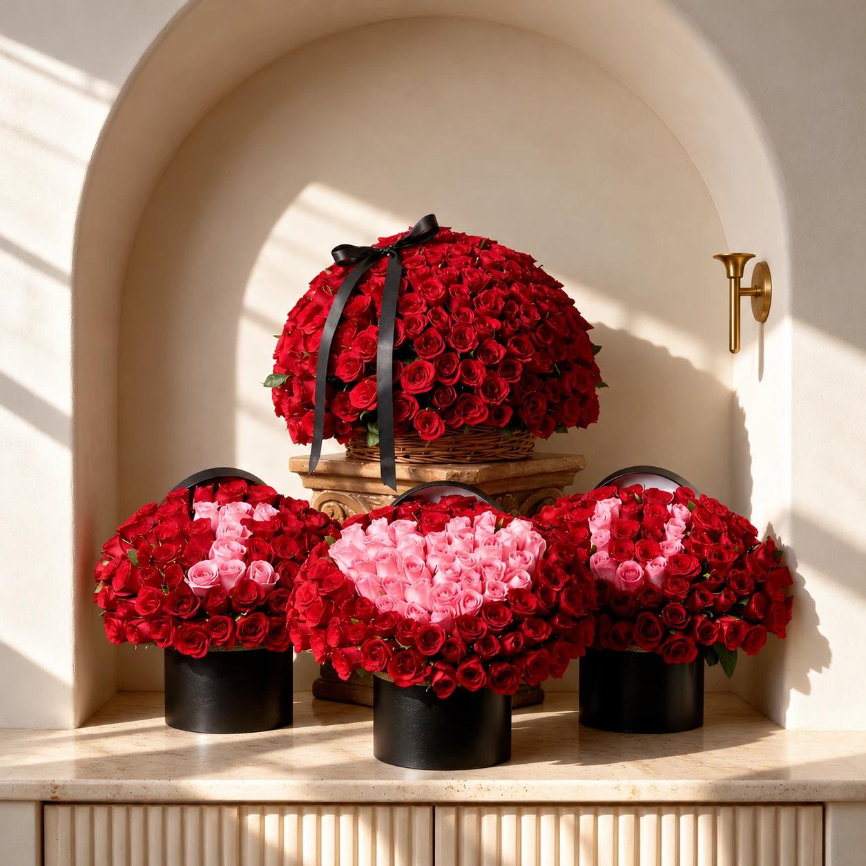 Luxury red rose gift set featuring a basket of red roses with a black ribbon and three black hatboxes filled with red and pink roses.