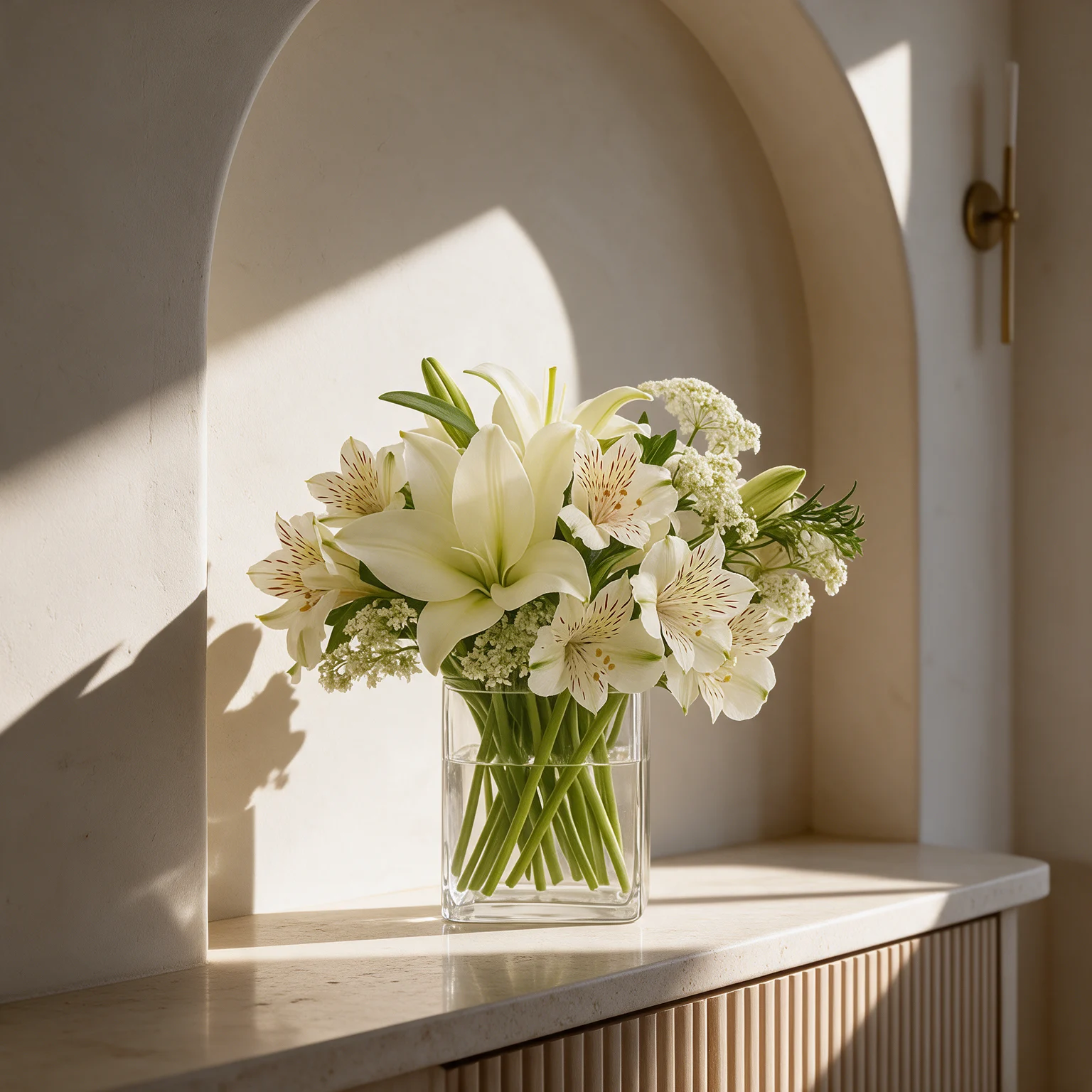 White lilies and white alstroemerias with delicate white filler flowers and green foliage arranged in a clear glass vase.