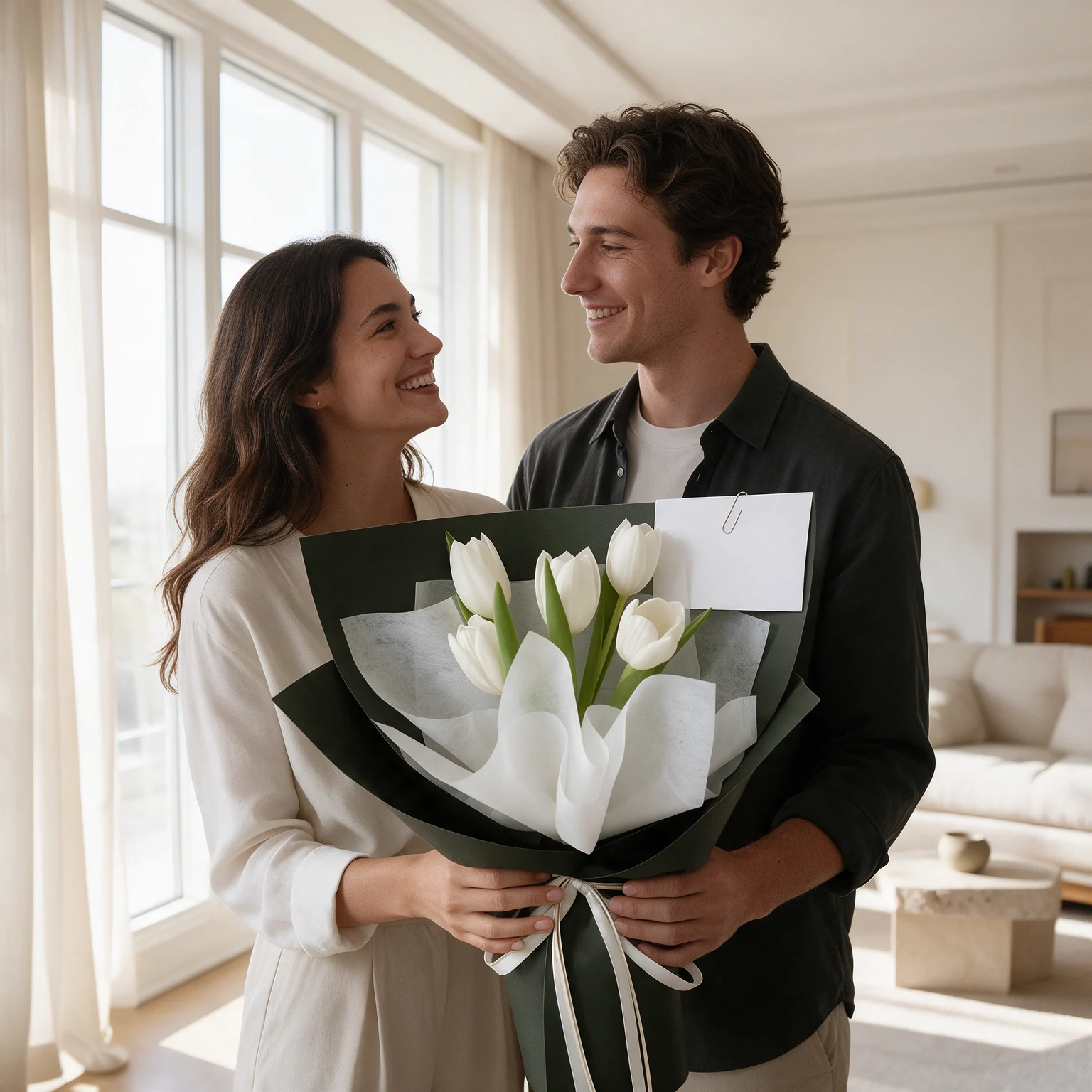 Bouquet of 5 fresh white tulips elegantly wrapped in black and white paper, available for same-day flower delivery in Malaysia.
