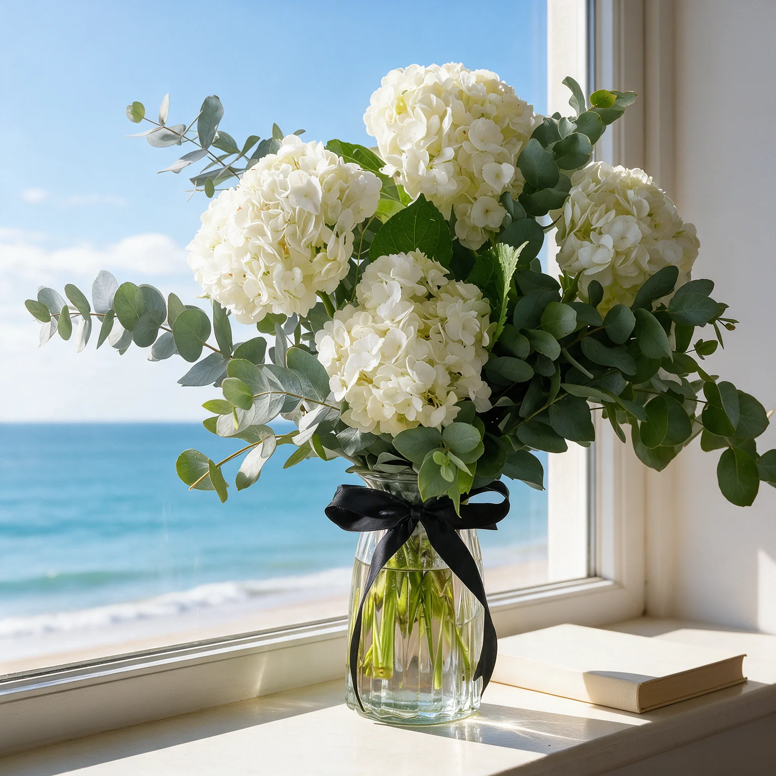 White hydrangeas and eucalyptus foliage arranged in a clear glass vase with an elegant black ribbon.