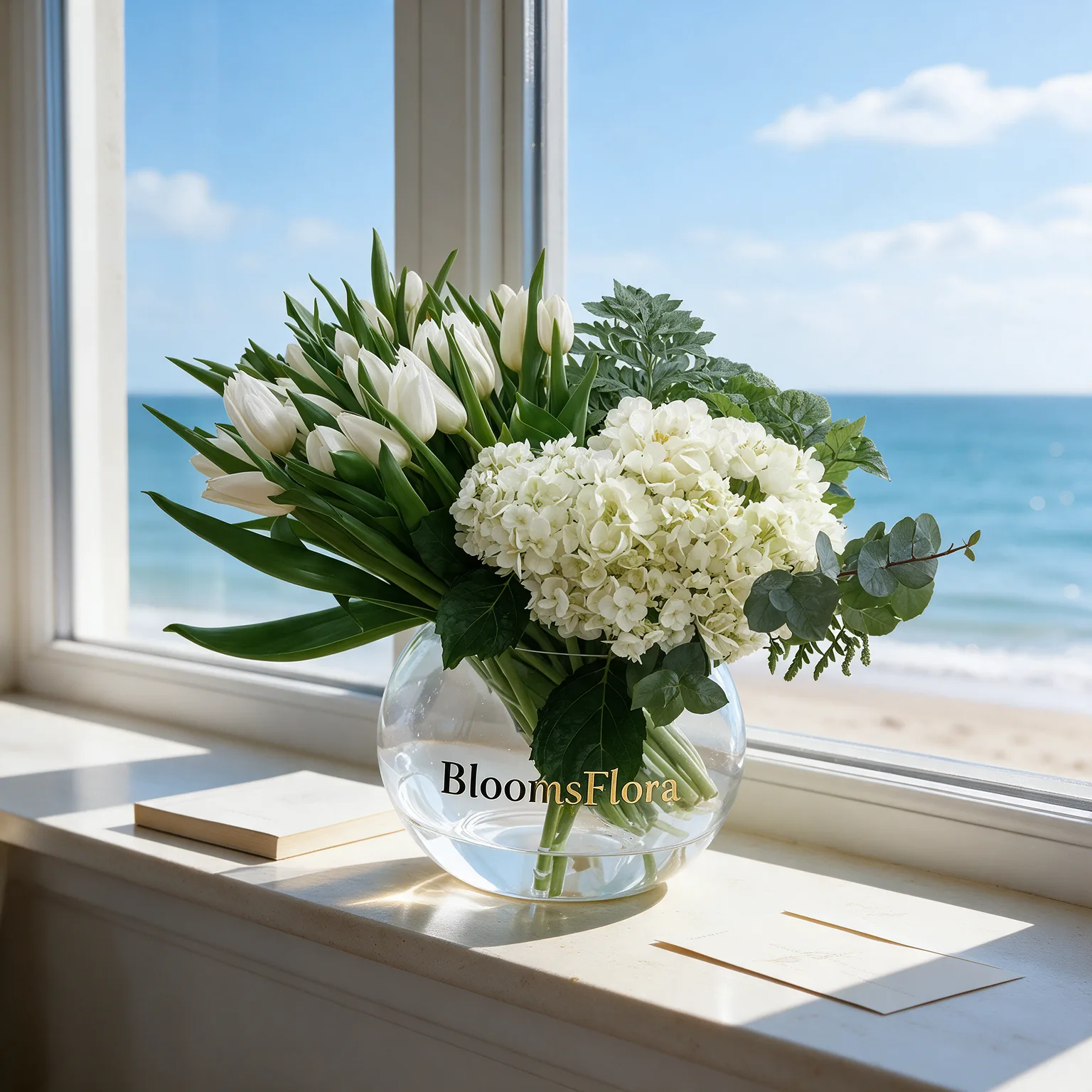 White tulips and white hydrangeas with eucalyptus and green foliage arranged in a clear glass vase. White tulips and white hydrangeas with eucalyptus and green foliage arranged in a clear glass vase.