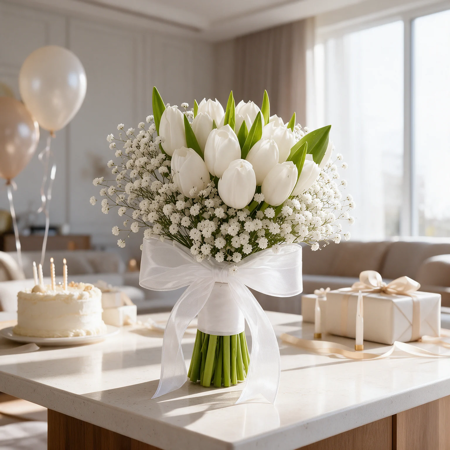 Bouquet of 12 fresh white tulips with delicate gypsophila, beautifully arranged in elegant white wrapping.