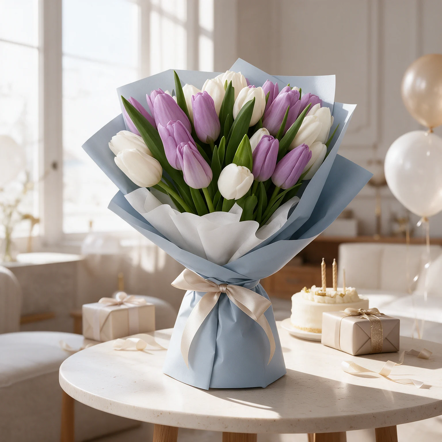 Bouquet of 10 white and 10 purple tulips beautifully arranged together, available with same-day flower delivery in Malaysia.