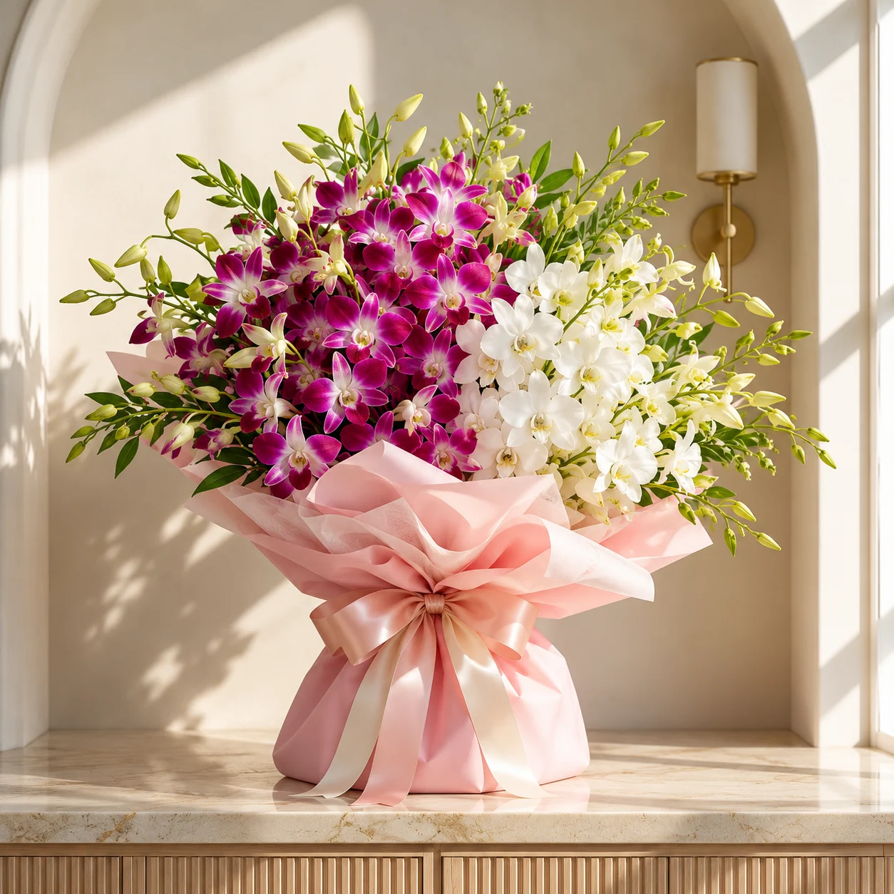 Magenta and white orchids arranged with fresh green foliage in soft pink wrapping, finished with a blush pink satin bow.
