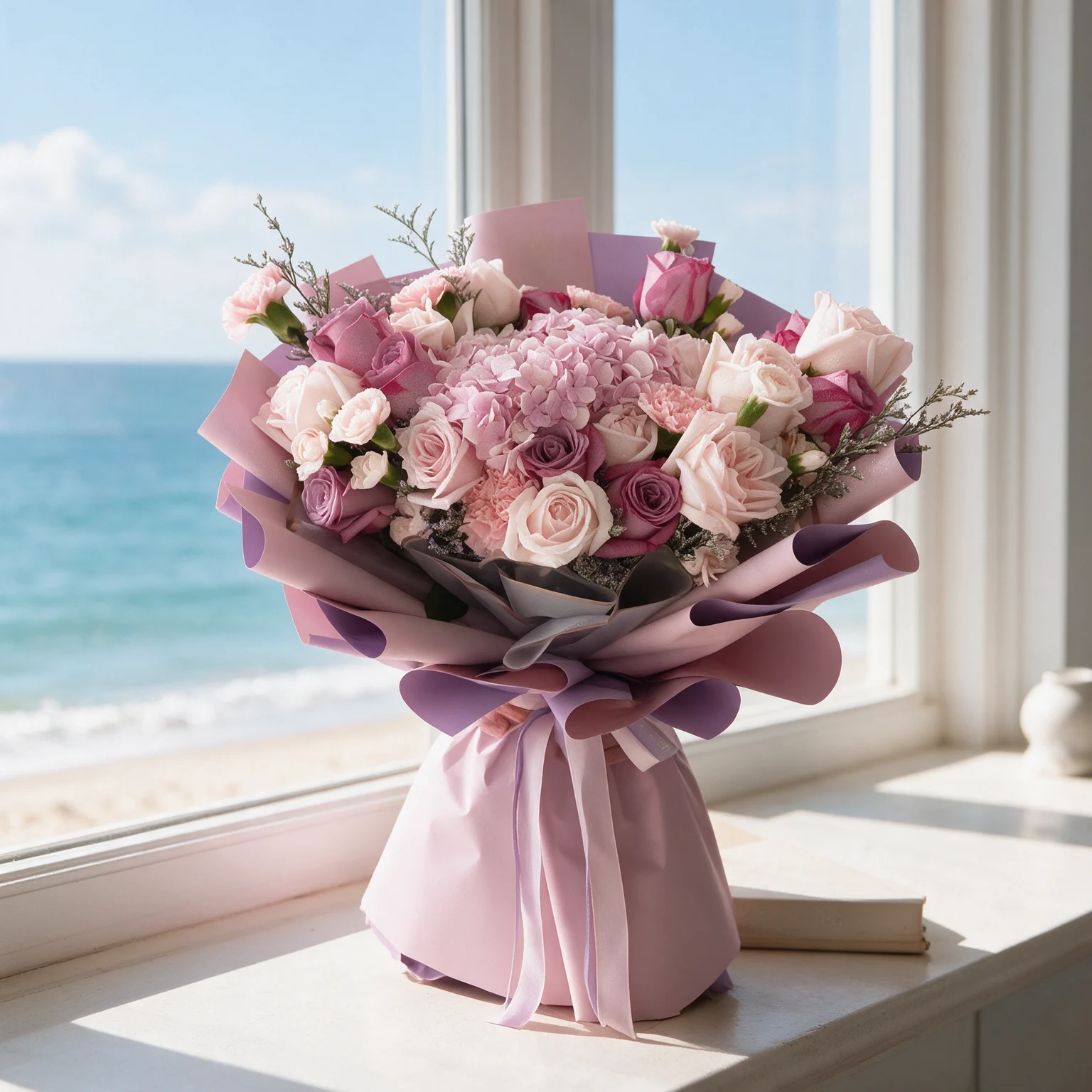Pastel bouquet of pink hydrangeas, mauve roses and blush roses with delicate fillers, wrapped in pink and purple paper.