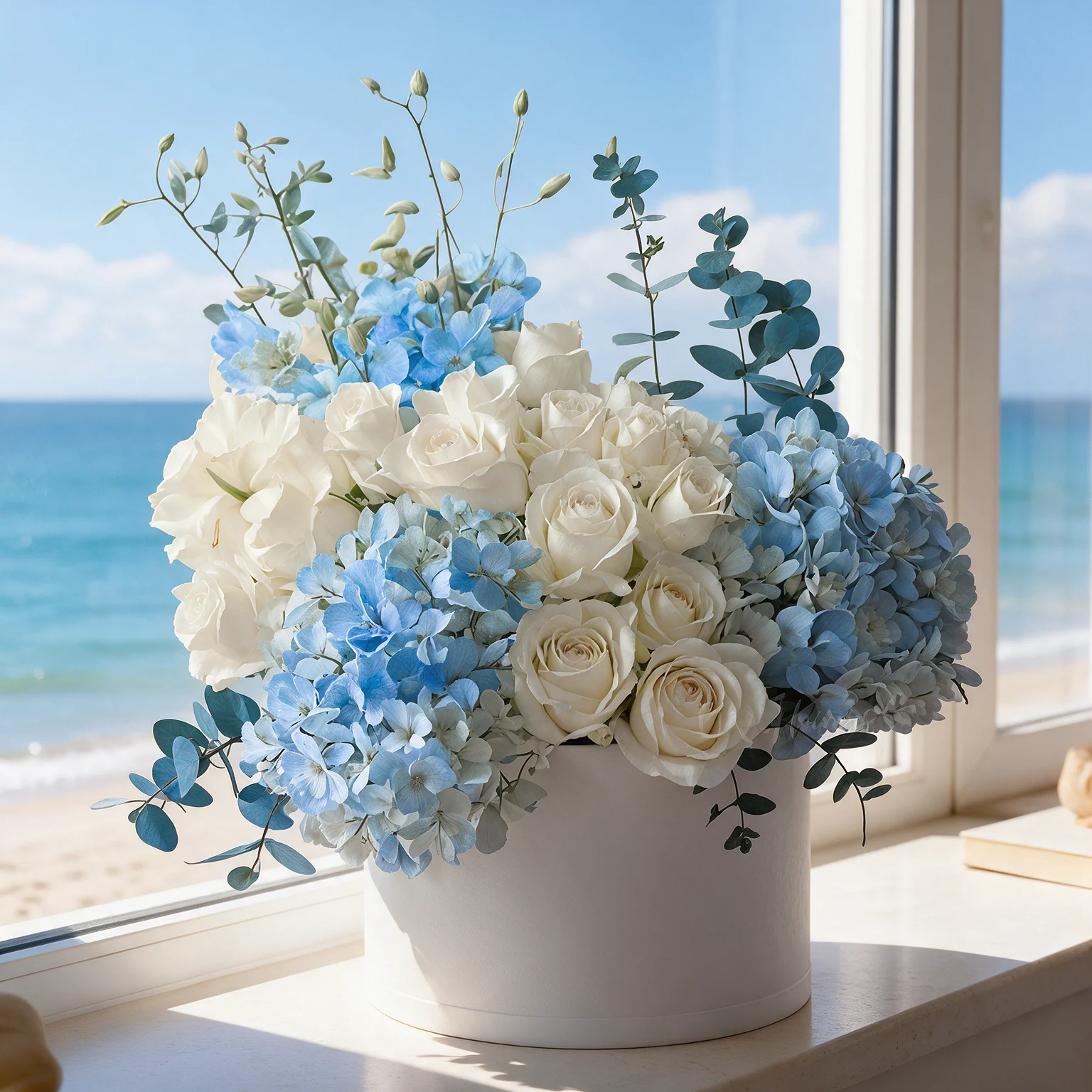 Blue hydrangeas and creamy white roses with eucalyptus foliage arranged in a white cylindrical flower box.