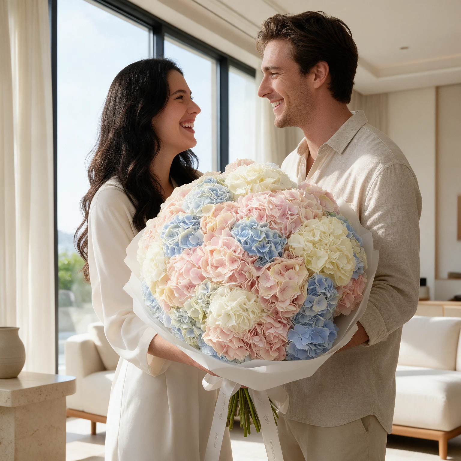 Oversized bouquet of pink, powder blue and ivory hydrangeas in elegant white wrapping, held by a smiling couple.