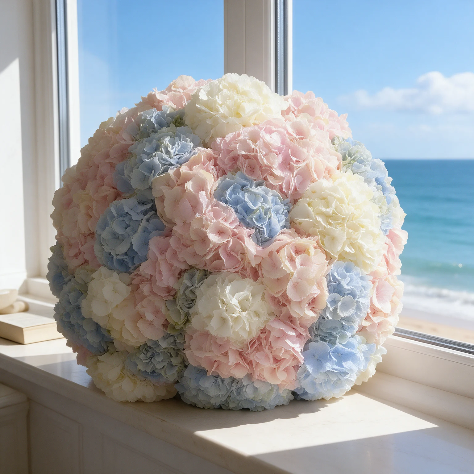 Oversized bouquet of pink, powder blue and ivory hydrangeas in elegant white wrapping, held by a smiling couple.