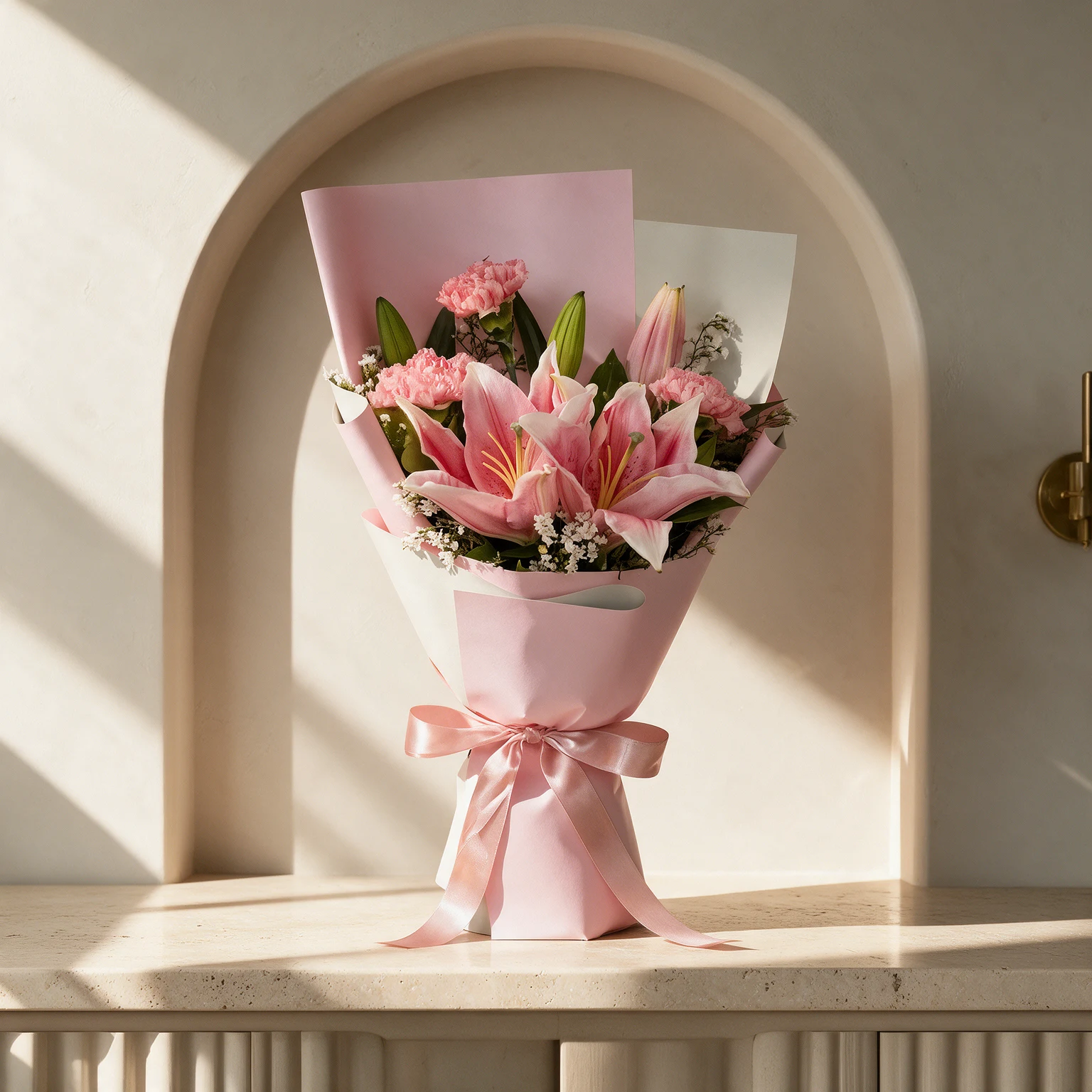 Pink lilies and pink carnations with delicate white filler flowers and green foliage, wrapped in blush pink paper with a matching satin bow.
