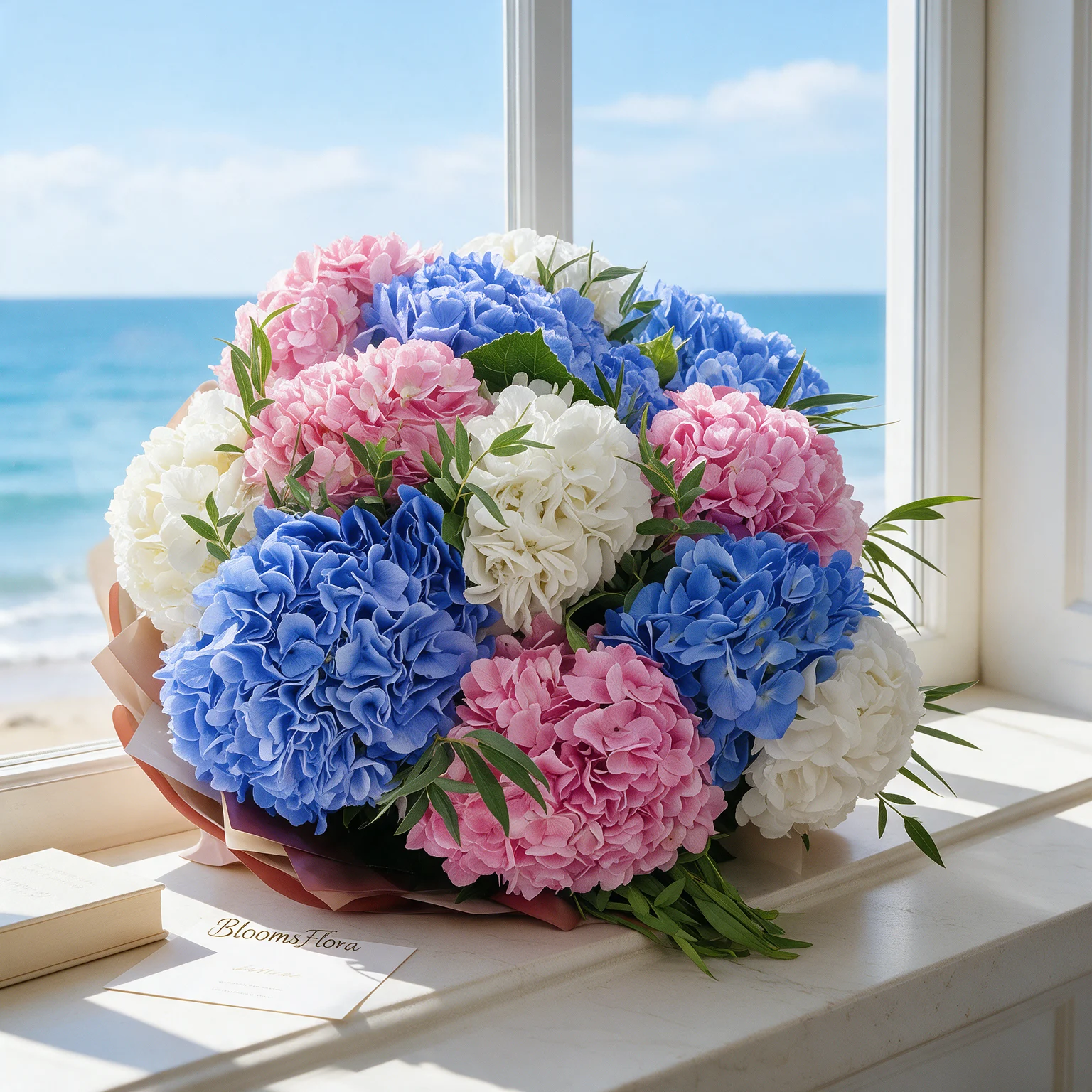 Pink, blue and white hydrangeas arranged in a lush bouquet with fresh green foliage and decorative floral wrapping.