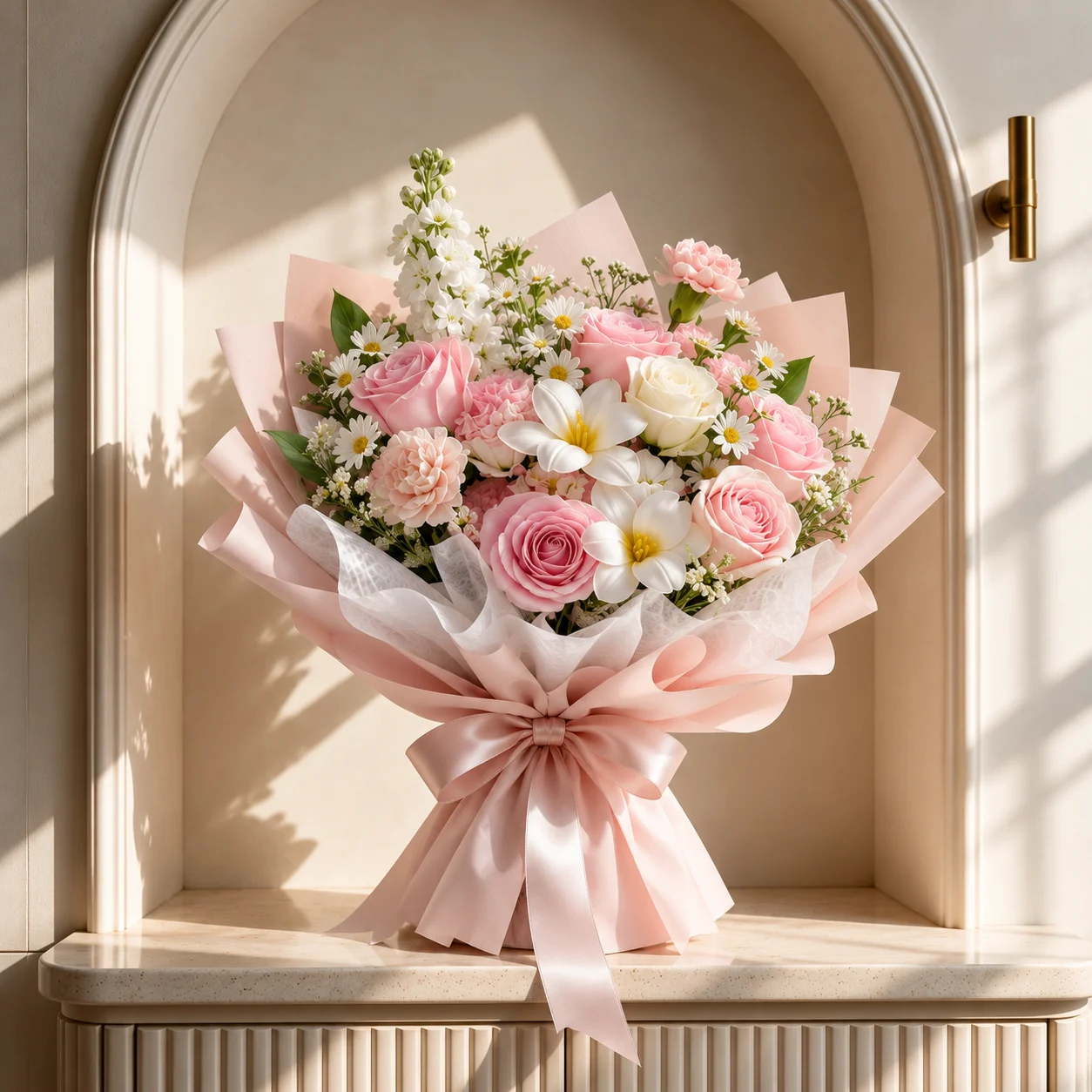 Pink and white flower bouquet featuring 5 pink roses, 3 pink spray carnations, 1 white matthiola, 2 white tulips and 2 white chrysanthemums with white foliage, wrapped in pink and white paper.