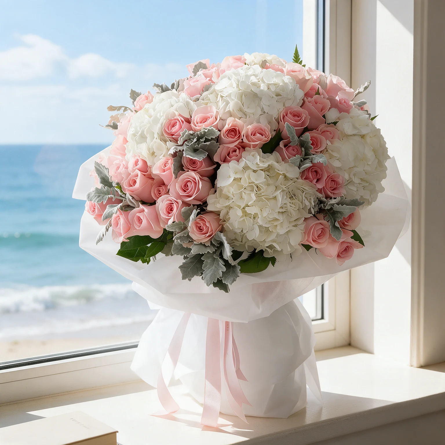 Pink roses and white hydrangeas arranged with silvery foliage in elegant white wrapping with pale pink ribbons.