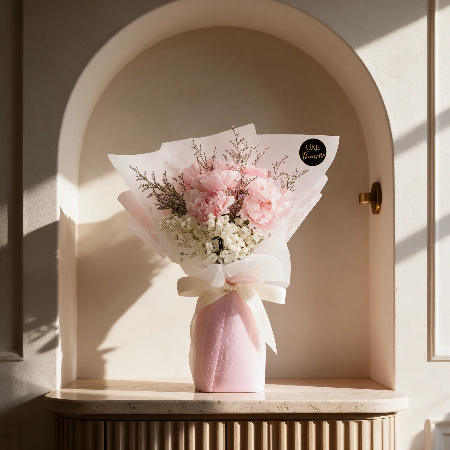 Blush pink carnations with white baby's breath and delicate branching foliage, wrapped in pink and white paper with an ivory ribbon.
