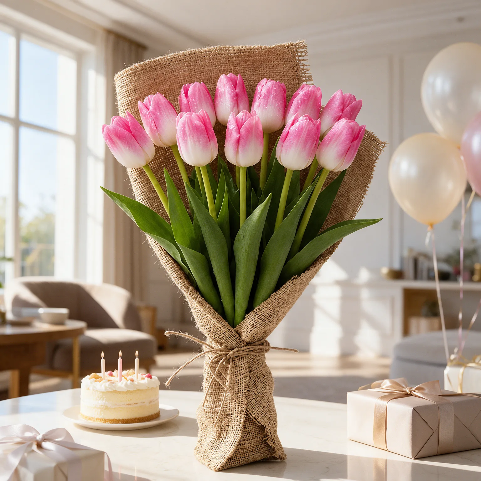 Pink and white gradient tulips with lush green leaves, wrapped in rustic burlap and tied with natural twine.