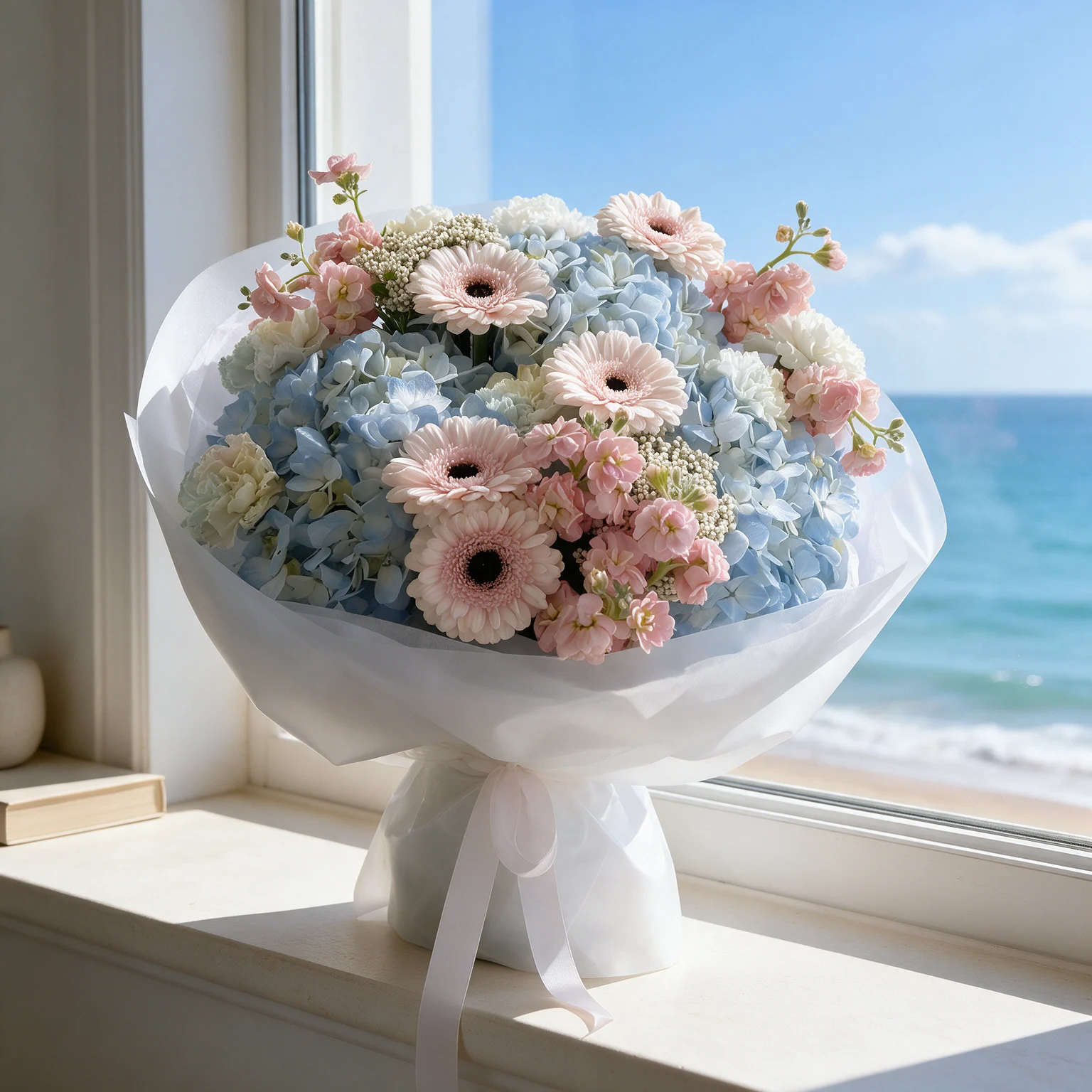 Powder blue hydrangeas and blush pink gerbera daisies with delicate pink filler flowers and white blooms, wrapped in elegant white paper.