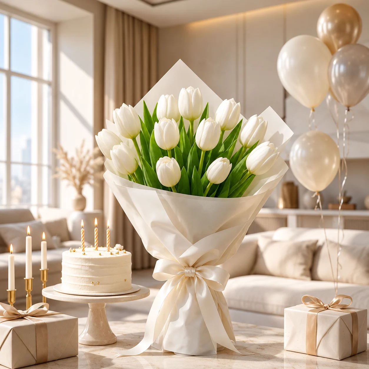 Bouquet of 10 fresh white tulips elegantly wrapped in white paper, available for same-day flower delivery in Malaysia.